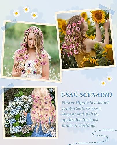 CHLINS CHLINS Hippie Headband Flower Crown Bohemian Sunflower Headband Flower Headpiece Hippie Costume 60s 70s Outfits for Women (Pink)
