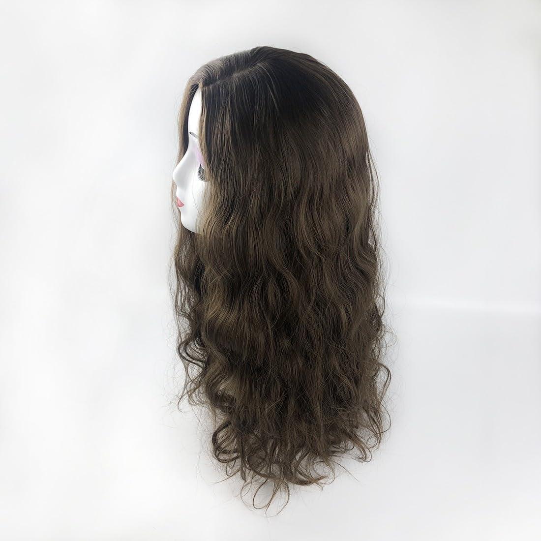 LesafeV 18x18cm Side Part Hair Topper Clip in 150% Density Cloud Wavy Wig 55cm Large Full Head Wear Toupee Silk Clouth Base (Left Part Off Black)