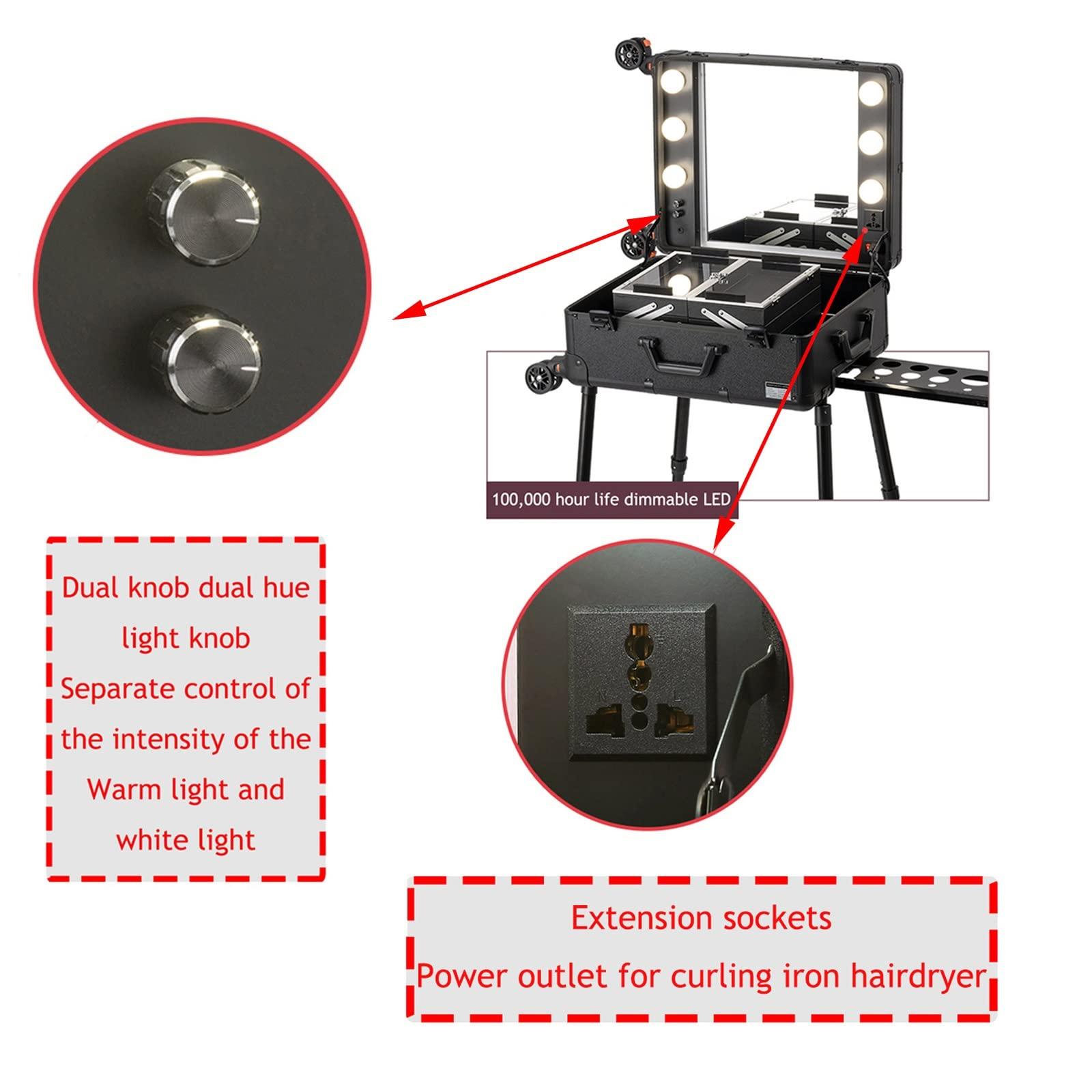 HJXGQJM HJXGQJM Aluminum Trolley Makeup Train Case With LED Lights Professional Cosmetic Organizer Studio With Wheels And Stands Rolling Lighted Makeup Vanity Station For Travel,black cosmetic case