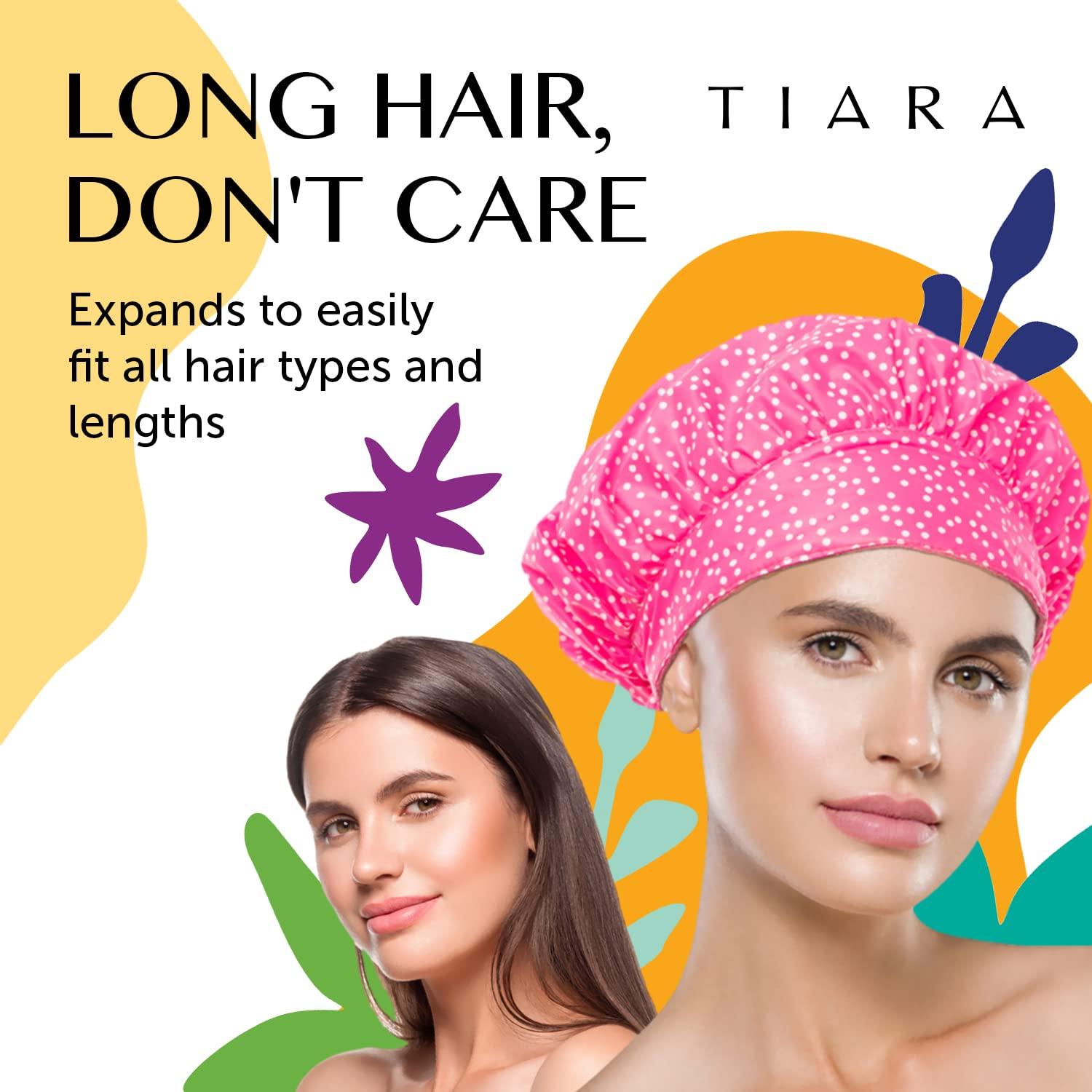 TIARA Shower Cap TIARA Luxury Shower Cap for Women Reusable Waterproof, Hair Cap for Long & Short Hair, All Size Flexi Adjustable Terry Lined Cloth Plastic Leakproof Soft, Breathable, Durable & Comfy (Dots Black)