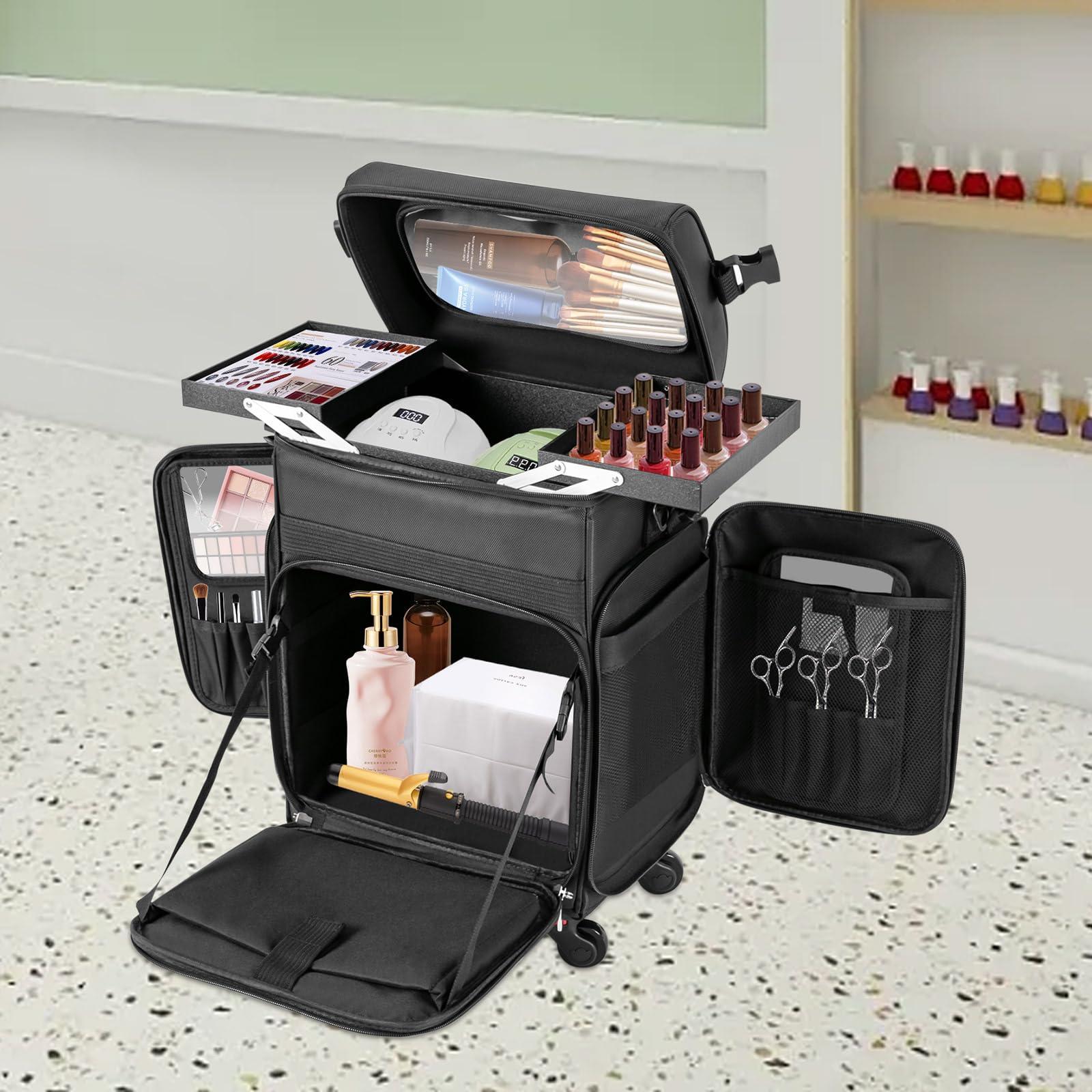 Lemoeyes Lemoeyes Rolling Makeup Train Case, Professional Soft Sided Makeup Case with Detachable Pouch and Wheels, Trolley Cosmetology Cosmetic Makeup Case for Hairdressing Makeup Tools