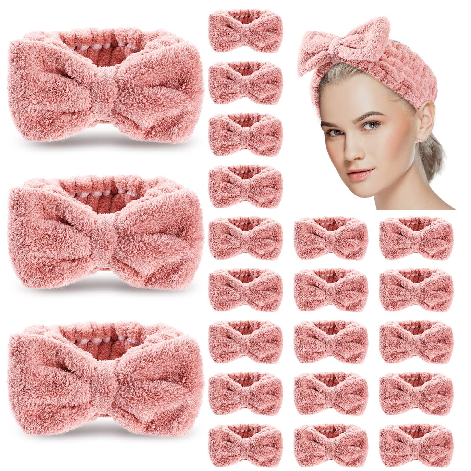 Yunlly Yunlly 20 Pcs Spa Headband for Women 4 Inches Width Facial Makeup Hair Band Bulk Skincare Headbands for Washing Face Bowtie Slumber Party Supplies Fluffy Head Wraps(Rose Pink)