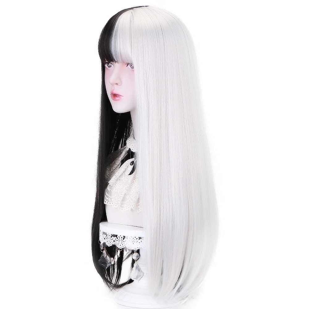 Styler Styler Half Black Half White Wig with Bangs, Long Straight Anime Cosplay Wig for Women, Heat Resistant Synthetic Halloween Hair Wigs