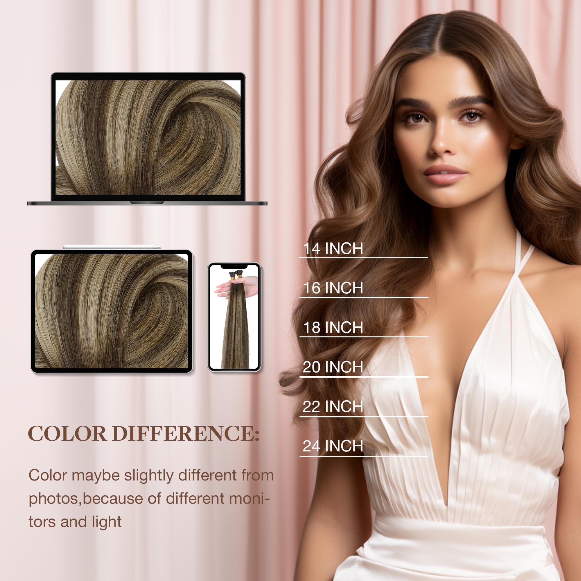 GOO GOO GOO GOO I Tip Hair Extensions Real Human Hair, 14inch 50g 100S, Cold Fusion I Tip Hair Extensions, Invisible Remy Hair Extensions, 4/26/4 Balayage Chocolate Brown to Honey Blonde