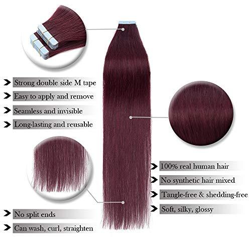 Hairro Hairro Tape In Real Human hair Extension Glue In Skin Weft Hair Extensions Rooted Tape in Remy Hair Seamless Invisible Double Sided Tape Human Hair Extensions For Women 20 inch 30g 20pcs #99J Wine Red