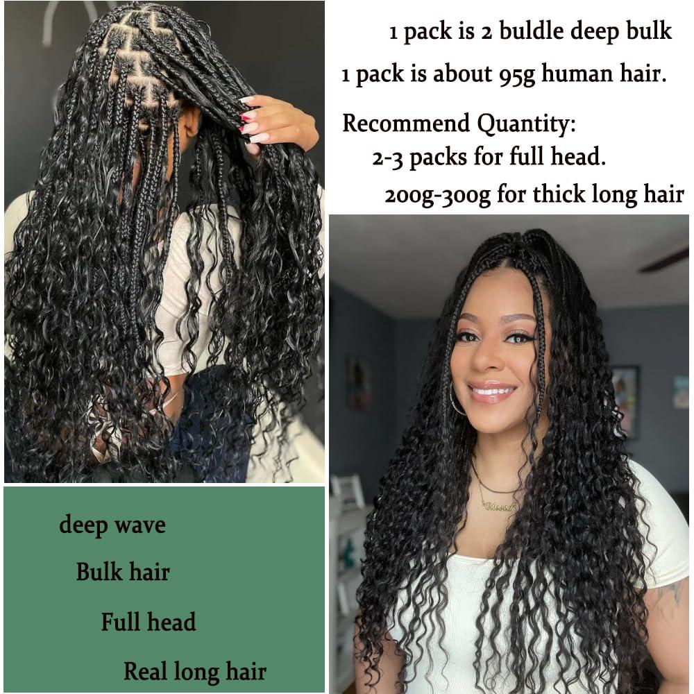 VANTELUVE Deep Wave Bulk Human Hair for Braiding 18 inches Deep Bulk Human Hair for Braiding no Weft 95g 2 Bundles Virgin Human Hair Extensions Bulk Curly Human Hair for Boho Braids Natural Black