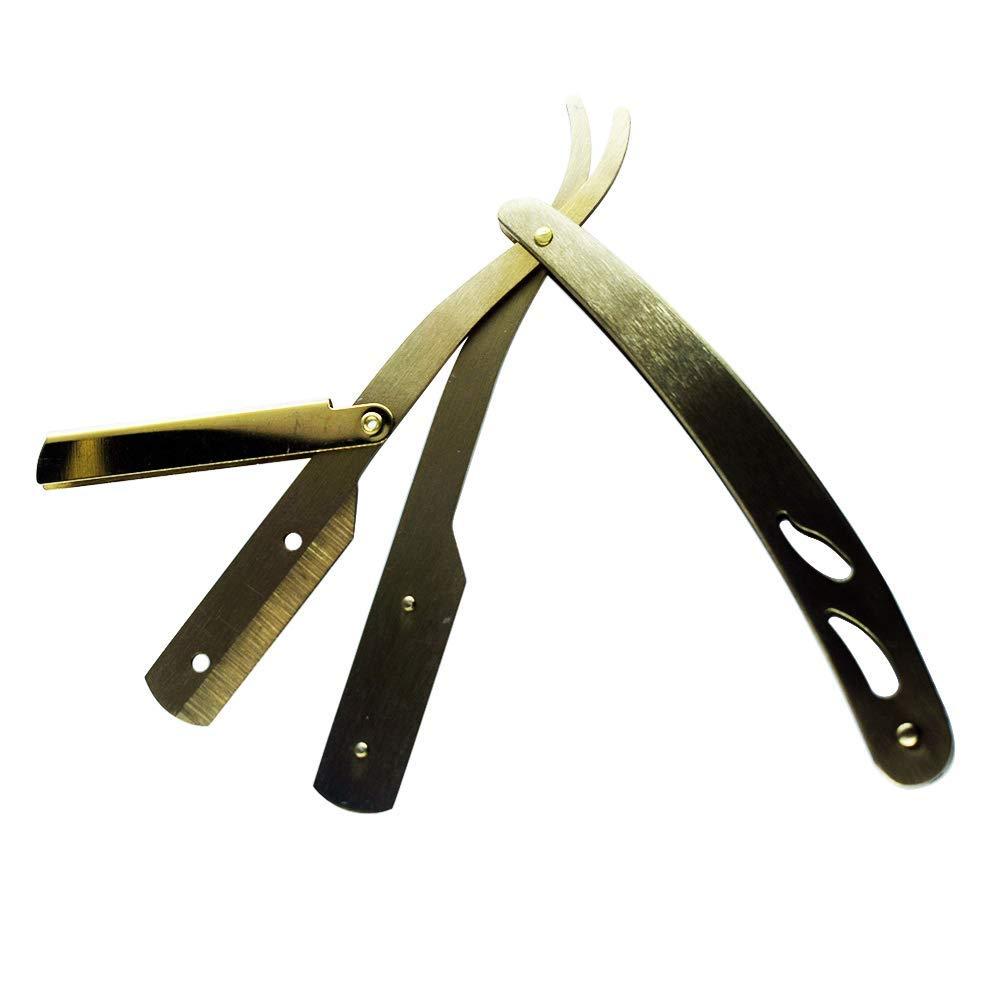 DREZUR Sicastar Stainless Steel Straight Edge Barber Shaving Razor Folding Straight Razor Single Edge Replaceable Blades fit for All of Double Edge Razor Blades (Gold)