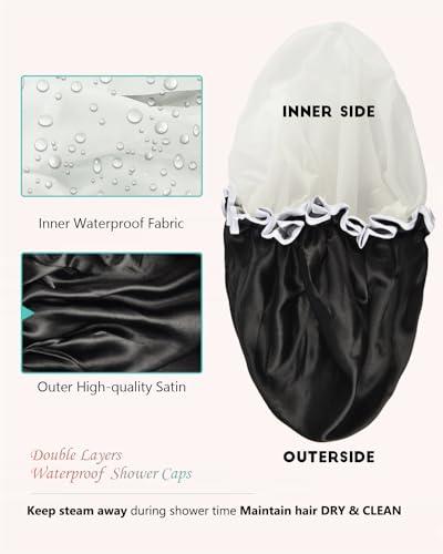 Luvruitaky Luvruitaky Shower Cap Large Reusable Shower Cap for Women 13 Inches Double Layer Waterproof Bath Hair Caps Black Oversized Adjustable Design for All Hair Lengths