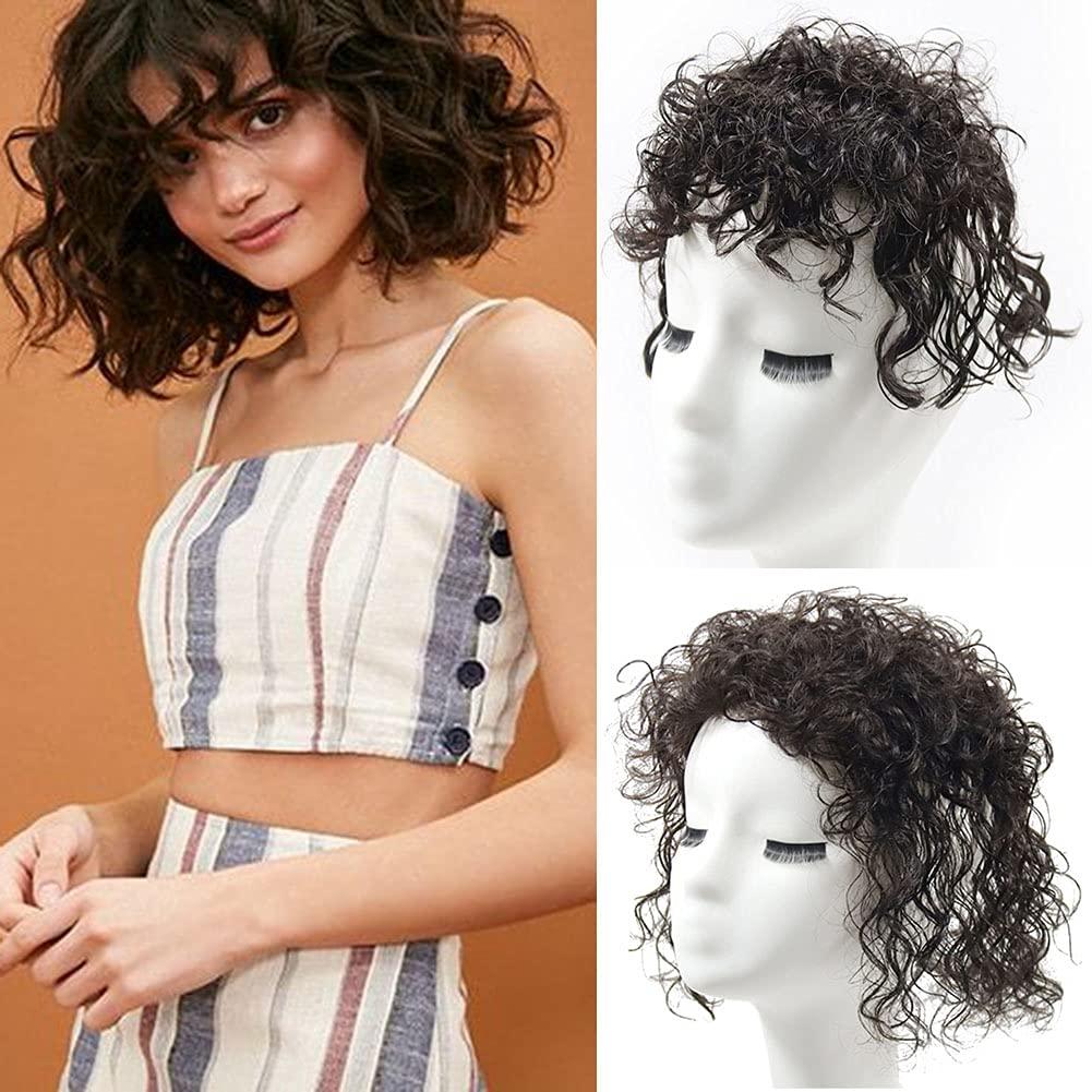 LesafeV LesafeV 100% Real Human Hair Easy Wear Clip in Hairpiece With Bangs Extension Top Topper for Black Women 40cm/Curly Bangs Black