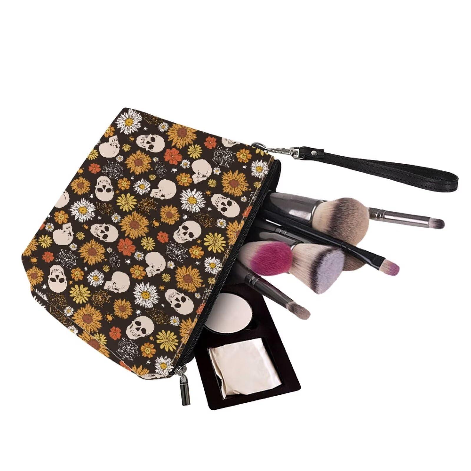 FOR U DESIGNS FOR U DESIGNS Skull Makeup Bag Gothic Style Halloween Gifts Slim Foldable Makeup Bag Organizer Cosmetic Bag for Men Compact Travel Toiletry Bag Lightweight Pouch