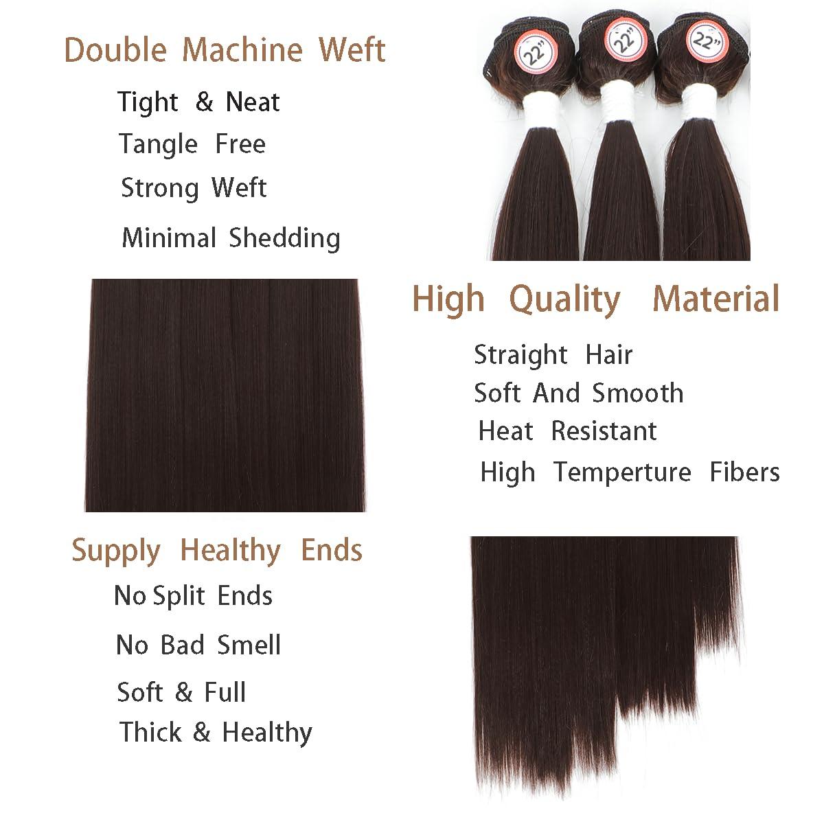 UGORGEOUS Synthetic Hair Bundles with Easy Closure Medume Brown Yaki Straight Hair Weft Weave for Women Heat Resistant Fiber Synthetic Hair Extension 7pcs for A Full Head Total 240g