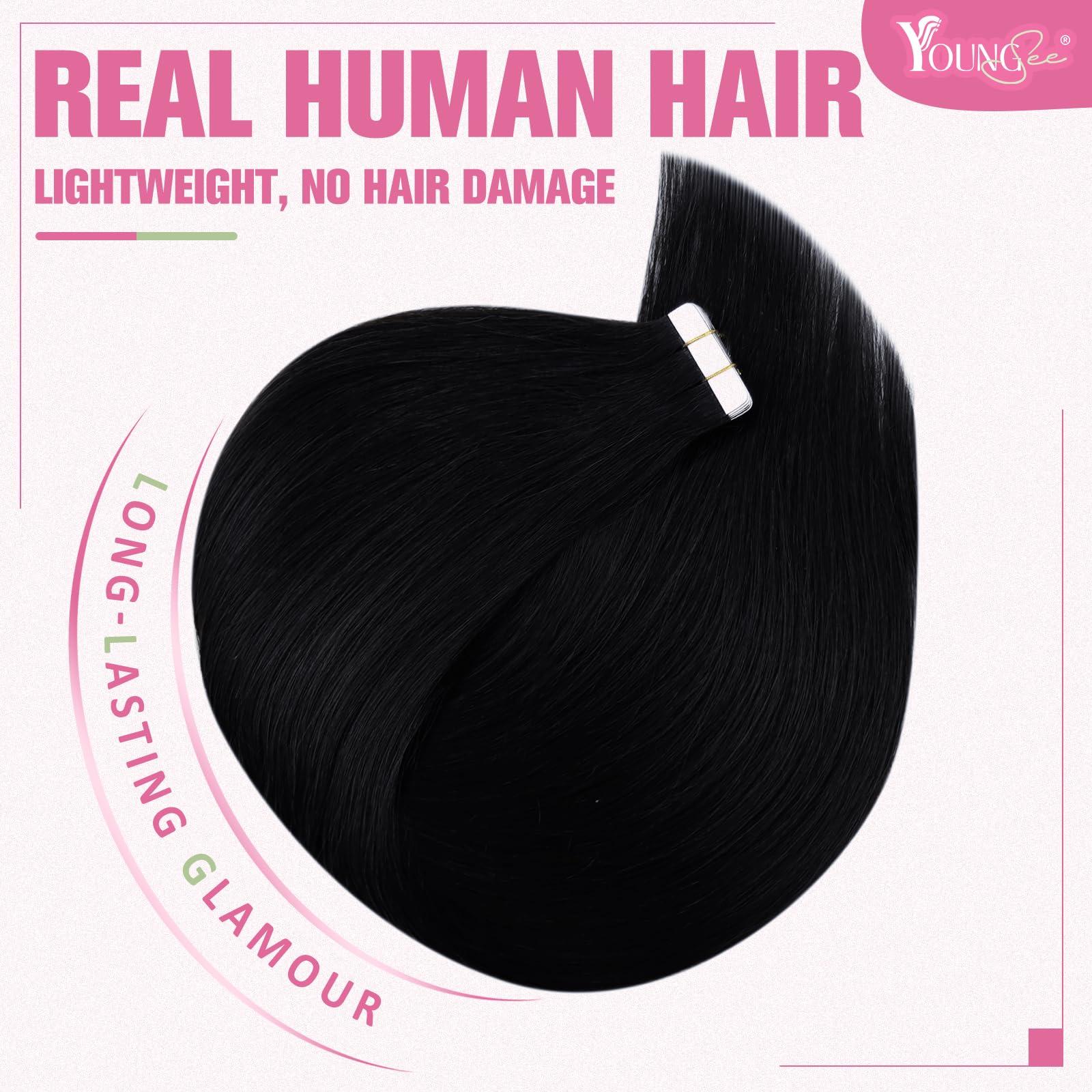 YoungSee YoungSee Black Tape in Hair Extensions Real Human Hair 14Inch Invisible Tape in Hair Extensions Human Hair Jet Black 50g Tape Extensions Human Hair Black for Women 20pcs Easy to Apply Hair Extensions