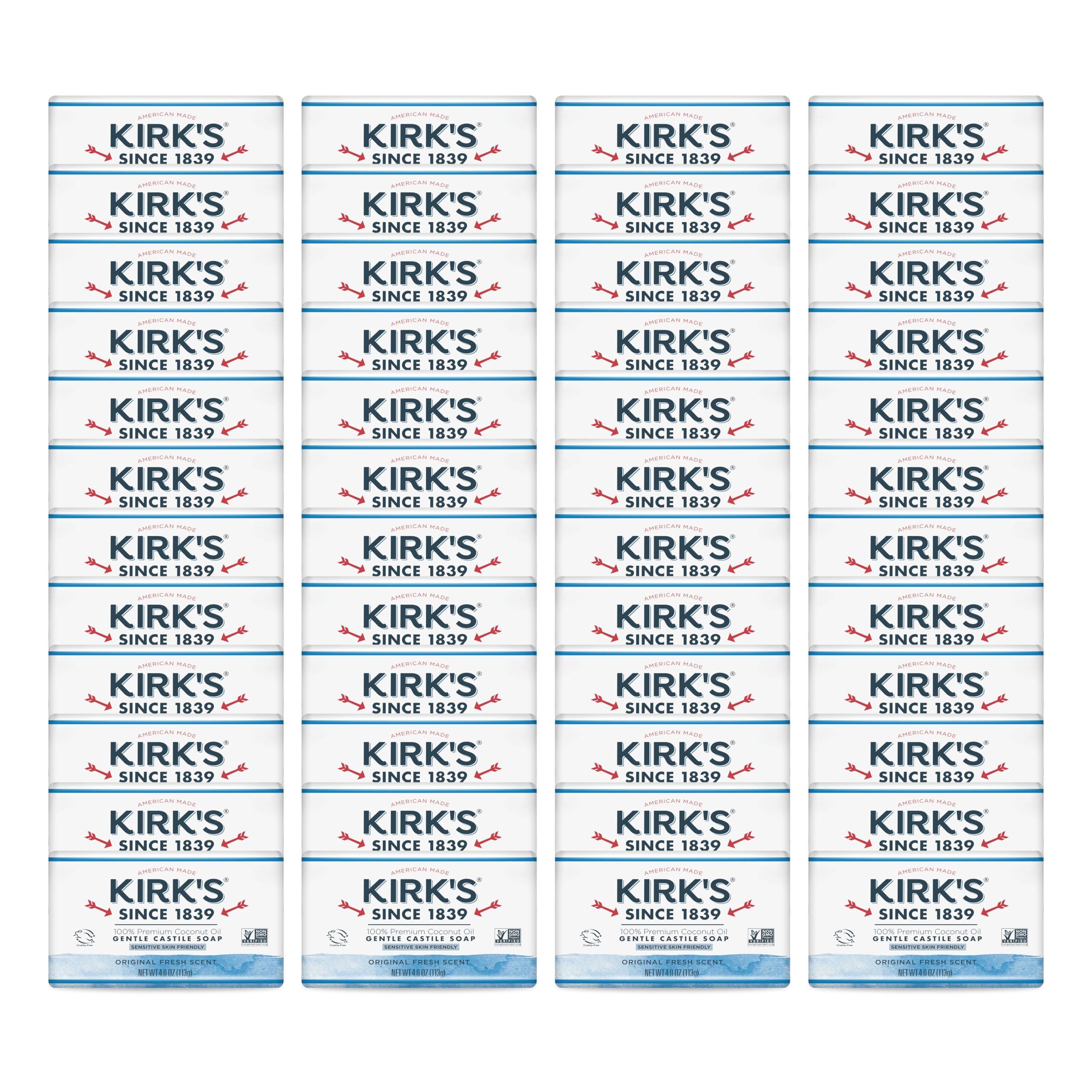 Kirk's Kirk\'s Castile Bar Soap for Men, Women & Children - Made with Premium Coconut Oil, Sensitive Skin Formula, Vegan, Non GMO, Original Fresh Scent, 4 oz. Bars, 48 Pack