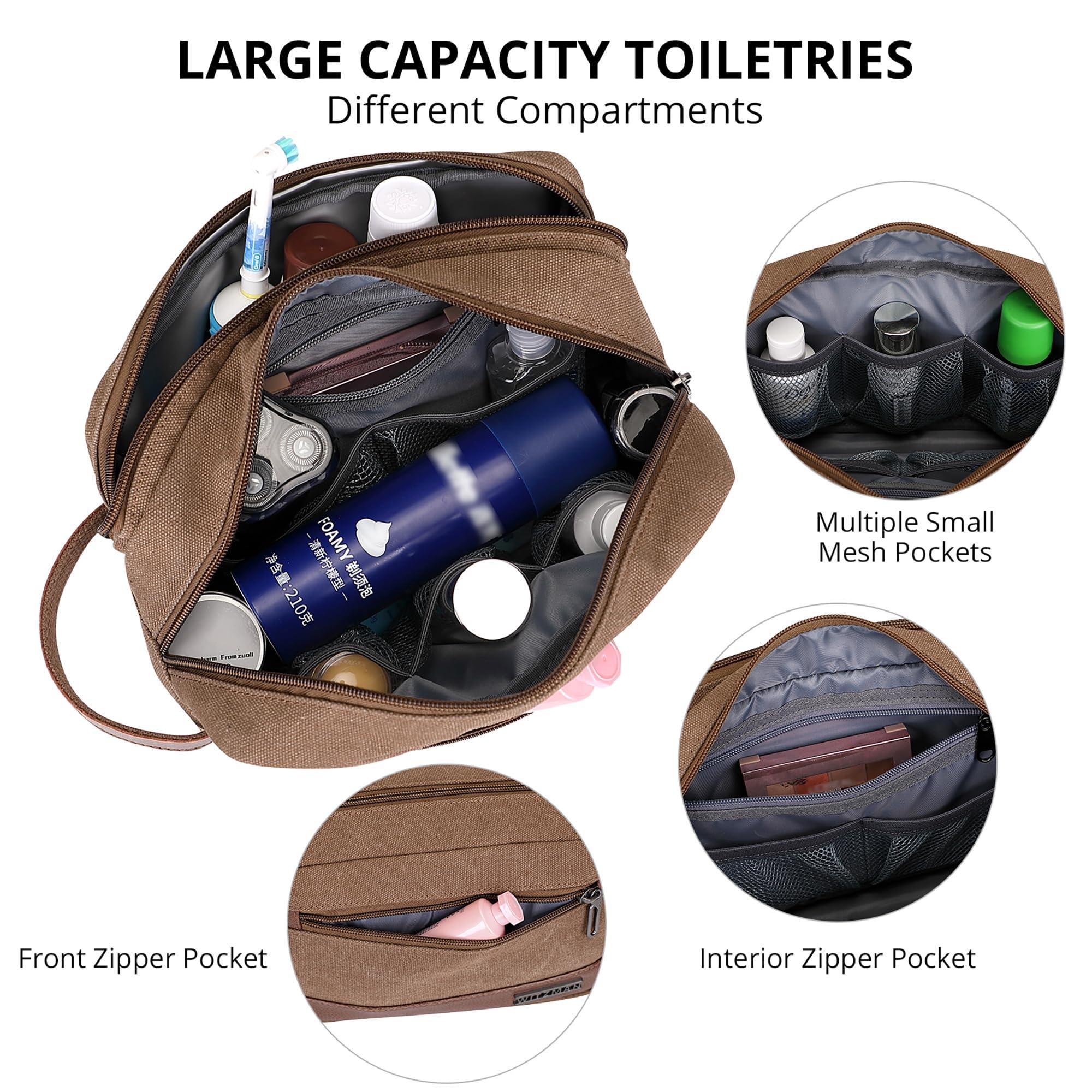 WITZMAN WITZMAN Canvas Toiletry Bag for Men Hanging Dopp Kit Organizer Water-resistant Men Travel Toiletries Bathroom Bag with Wet Pocket(A8001 Brown)