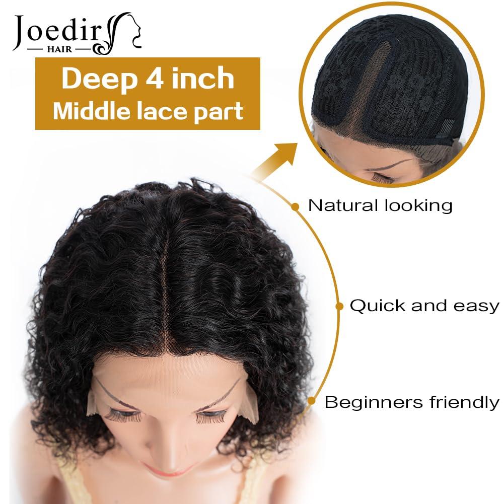 JOEDIR HAIR JOEDIR HAIR Curly Bob Wig Human Hair Short Deep Wave Lace Front Wig for Women 10 inch Natural Black T Part Wig Jerry Curl Bob Wig 150% Density