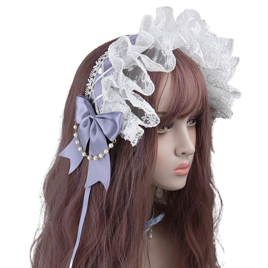 SANGHAI SANGHAI Women Bandana Lolita Ruffled Lace Headband Crisscross Ribbon Bow Pearls Chain Maid Hair Band Light Blue