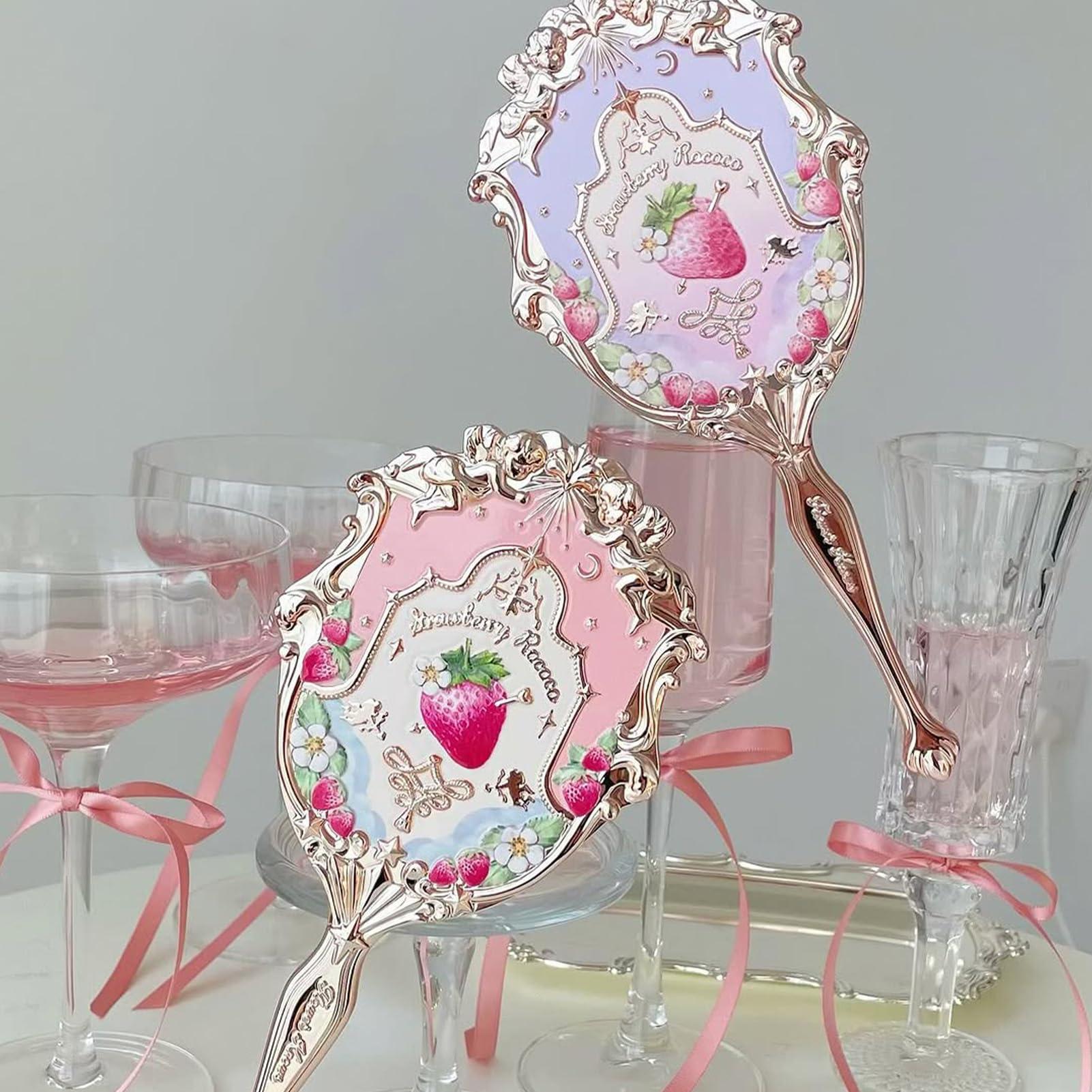 Flower Knows Flower Knows Strawberry Rococo Handheld Mirror,Portable Vintage Mirror,Durable Metal Mirror,Cute & Aesthetic Princess Mirror,with Long Handle for Easy Holding,Gift for Girls(Soft Pink)
