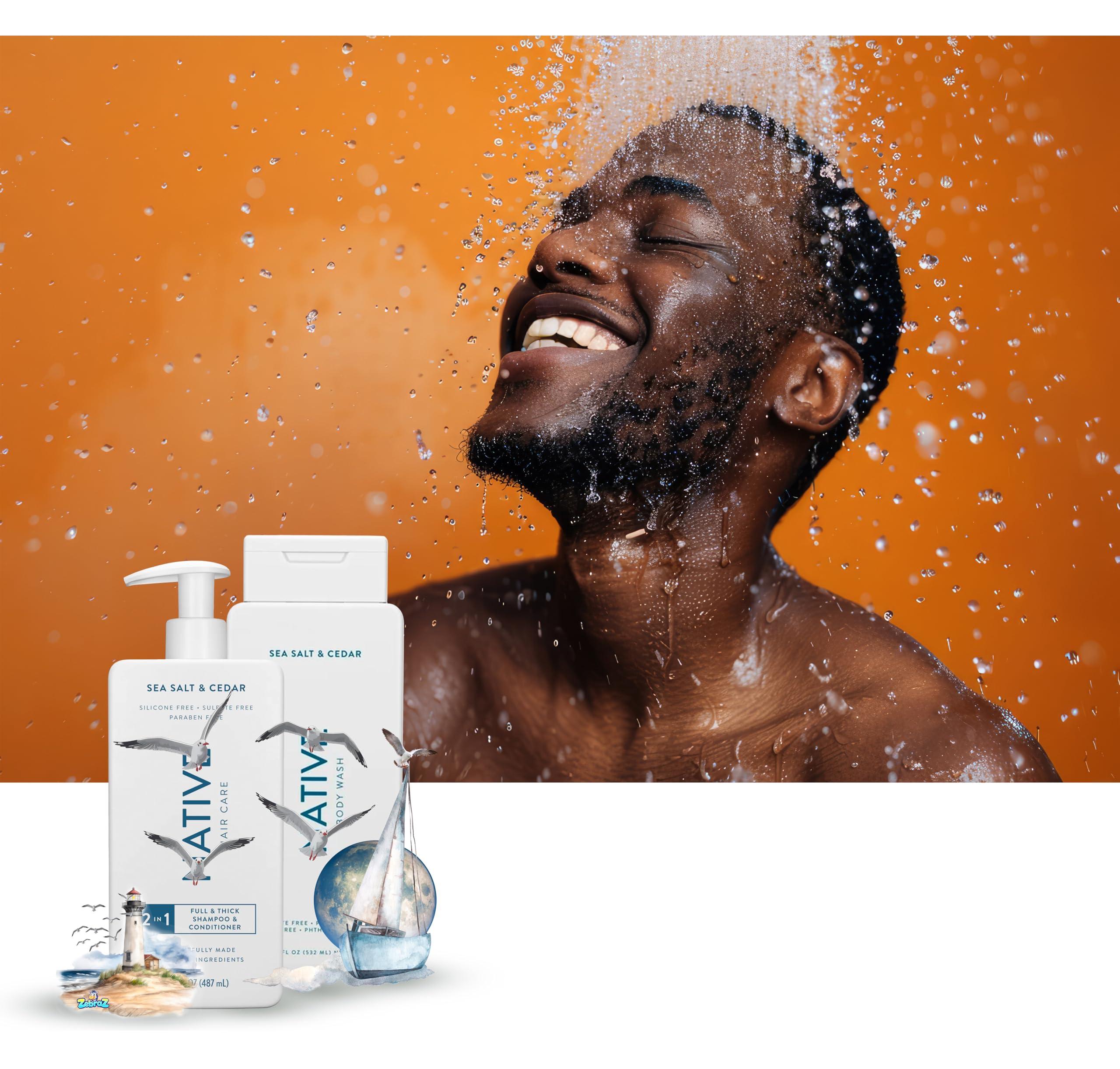 Hair Care And Body Wash Native - Hair and Body Wash - 2 in 1 Shampoo and Conditioner And Body Wash - Sea Salt & Cedar - Contain Naturally Derived Ingredients | All Hair - 16.5 and 18 FLOz - Pack Of 02