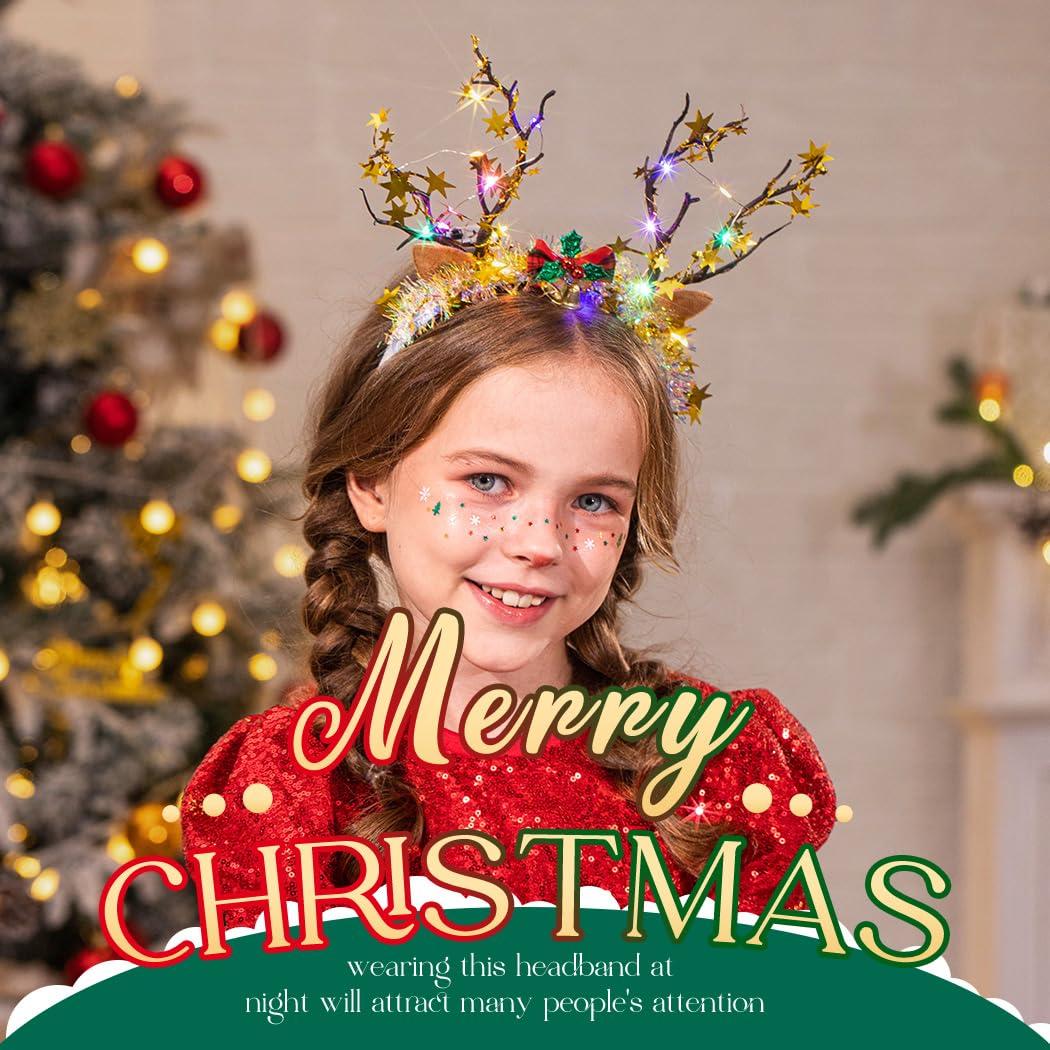 Edary Edary Light Up Reindeer Antlers Headband Led Christmas Tree Branch Hair Band Glitter Star Headpiece Holiday Hair Accessories for Women