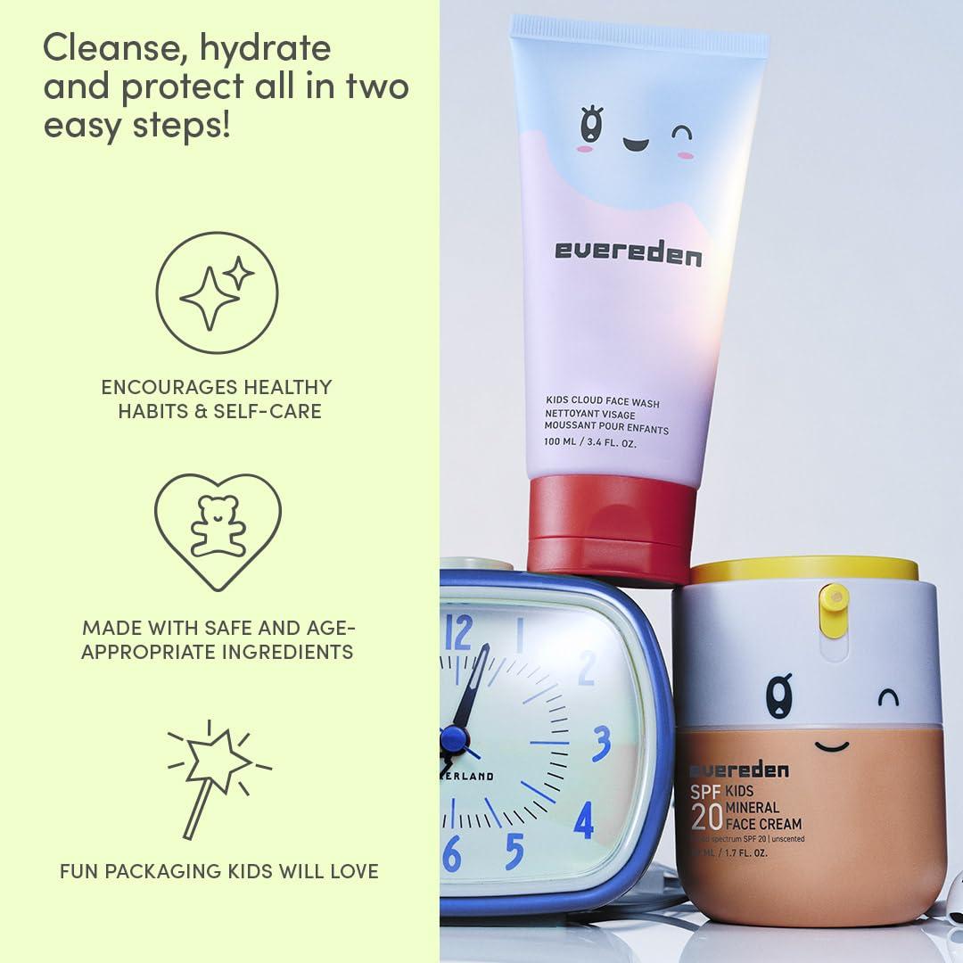 Evereden Kids Happy Morning DUO: Clean & Vegan Skin Care for Kids Bundle | Kids Skin Care Cloud Face Wash + SPF 20 Mineral Face Cream | Non-Toxic | Non-Comedogenic | Fun | Easy-to-Use Skincare for Kids