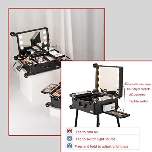HJXGQJM Rolling Makeup Case Professional Makeup Train Case Makeup Artist Travel Organizer, Make-up Case With LED Light, 3-colour Light Source,Cosmetic Case With Stand, Black Aluminium Make Up Case cosmetic ca