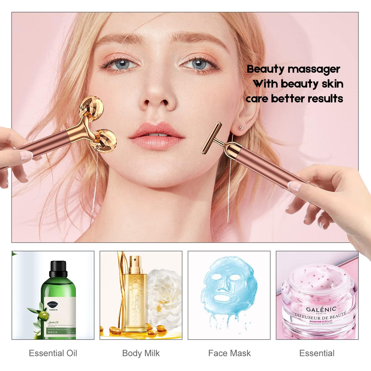 Beauty Bar 2-IN-1 Beauty Bar 24k Golden Pulse Facial Face Massager, Electric 3D Roller and T Shape Arm Eye Nose Head Massager Facial Roller Massager Kit Skin Care Tools