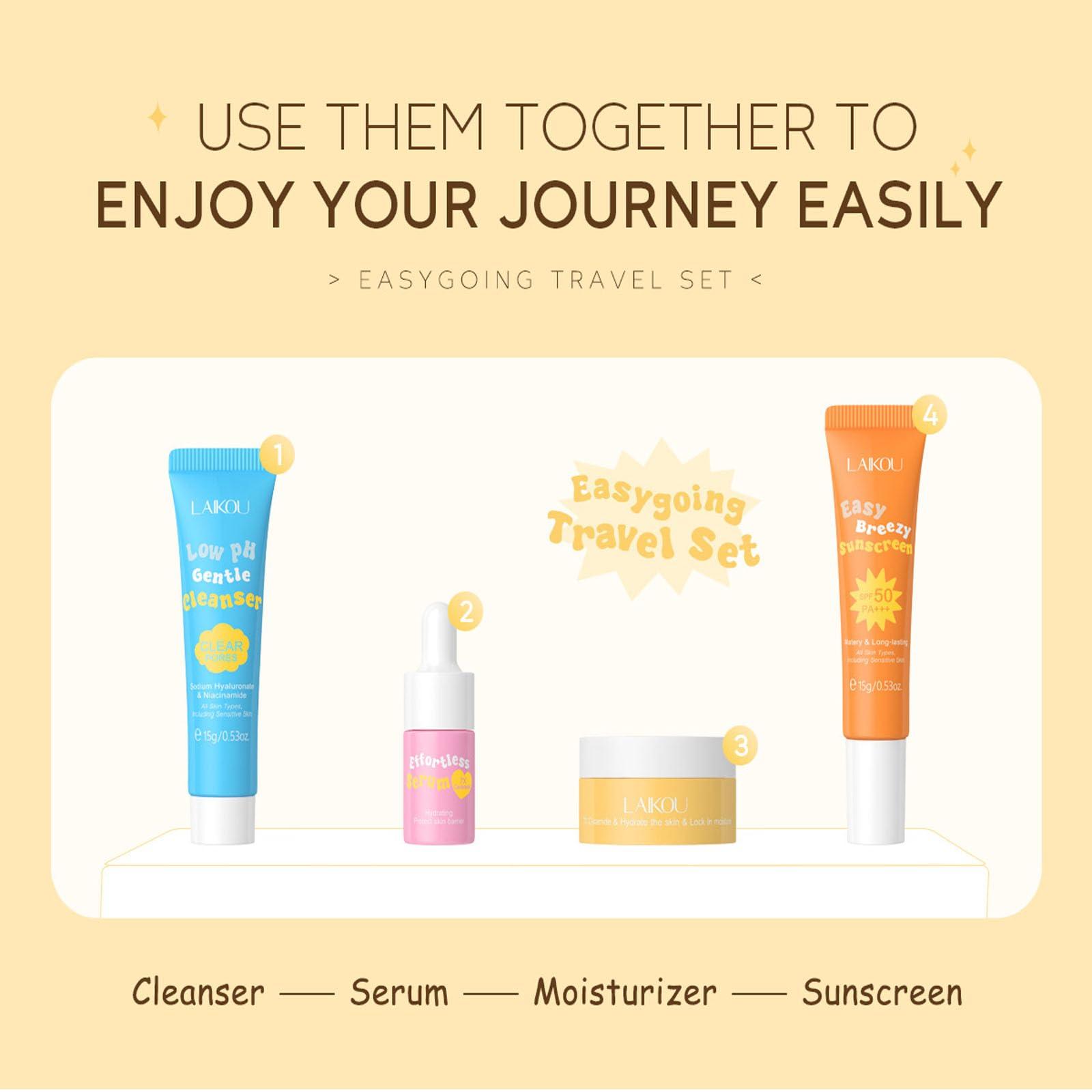 BSMKCL Hydrating Skin Care Set Travel Kit, Gifts for Women and Teenage Girls, 4 Piece Skincare Essentials Set Mini Travel Size With Facial Cleanser, Cream, Serum, Sunscreen - Travel Essentials Gift Set