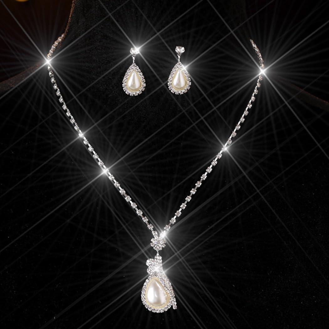 Yean Yean Bride Silver Necklace Earrings Set Crystal Bridal Wedding Jewelry Sets Rhinestone Choker Necklace for Women (Set 2)