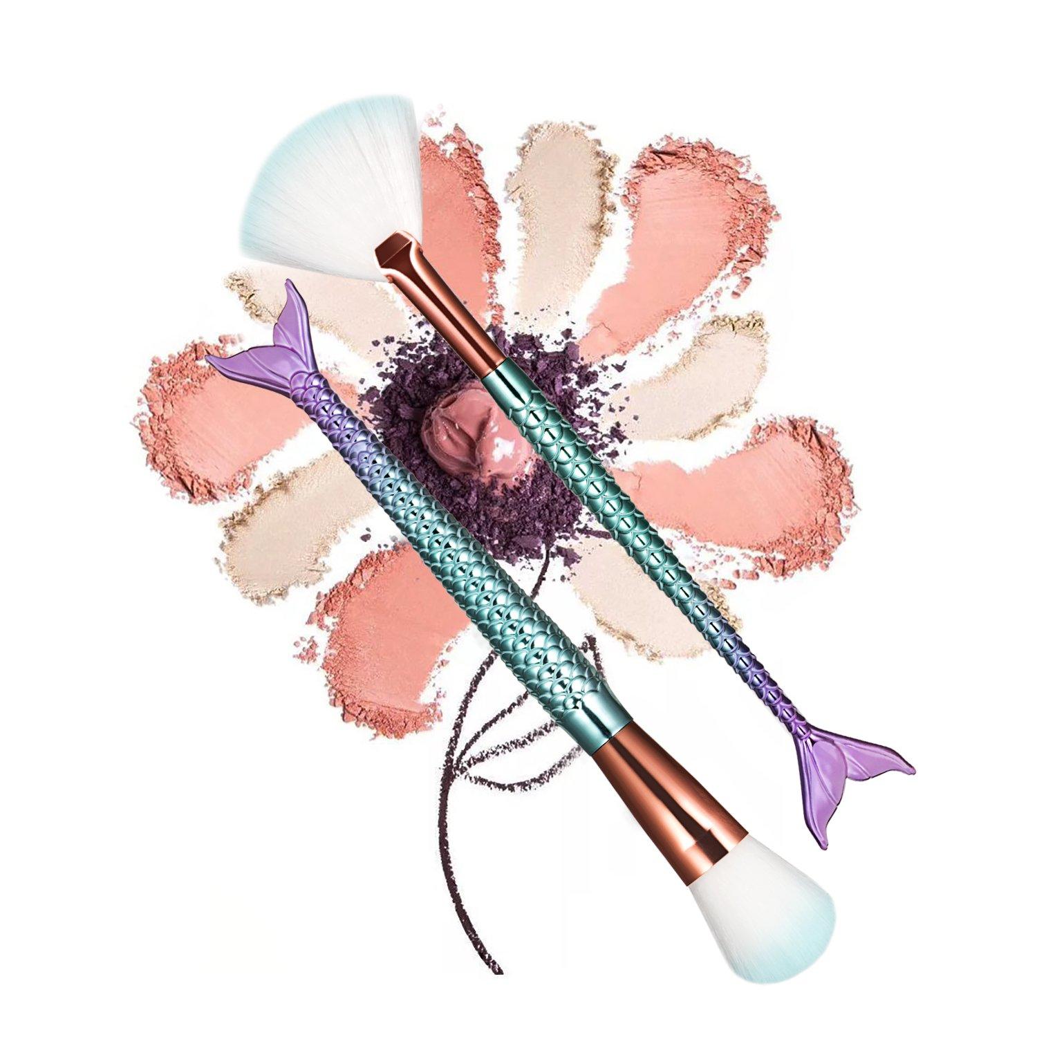 boniss Boniss Mermaid Makeup Brushes set Synthetic Fiber Hair 10Pcs Makeup Brush Kit with Bag Foundation Powder Eyeshadow Eyeliner Blending Blush Lip Concealer Fan Brush Face Cosmetic Tools (Purple blue)