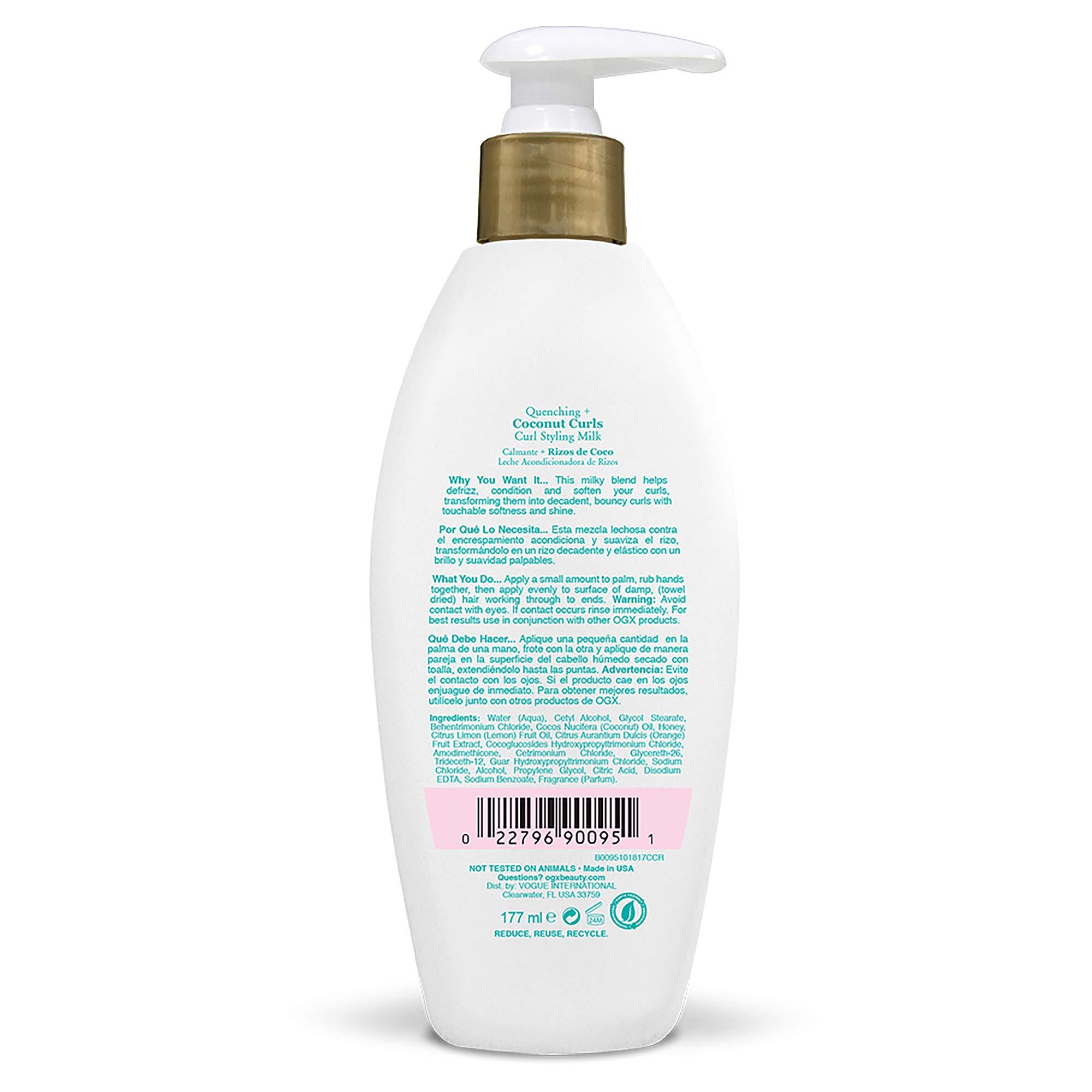 OGX OGX Quenching + Coconut Curls Frizz-Defying Styling Milk, Nourishing Leave-In Hair Treatment with Coconut, Citrus Oil & Honey, Paraben-Free and Sulfated-Surfactants Free, 6 fl oz (Pack of 2)