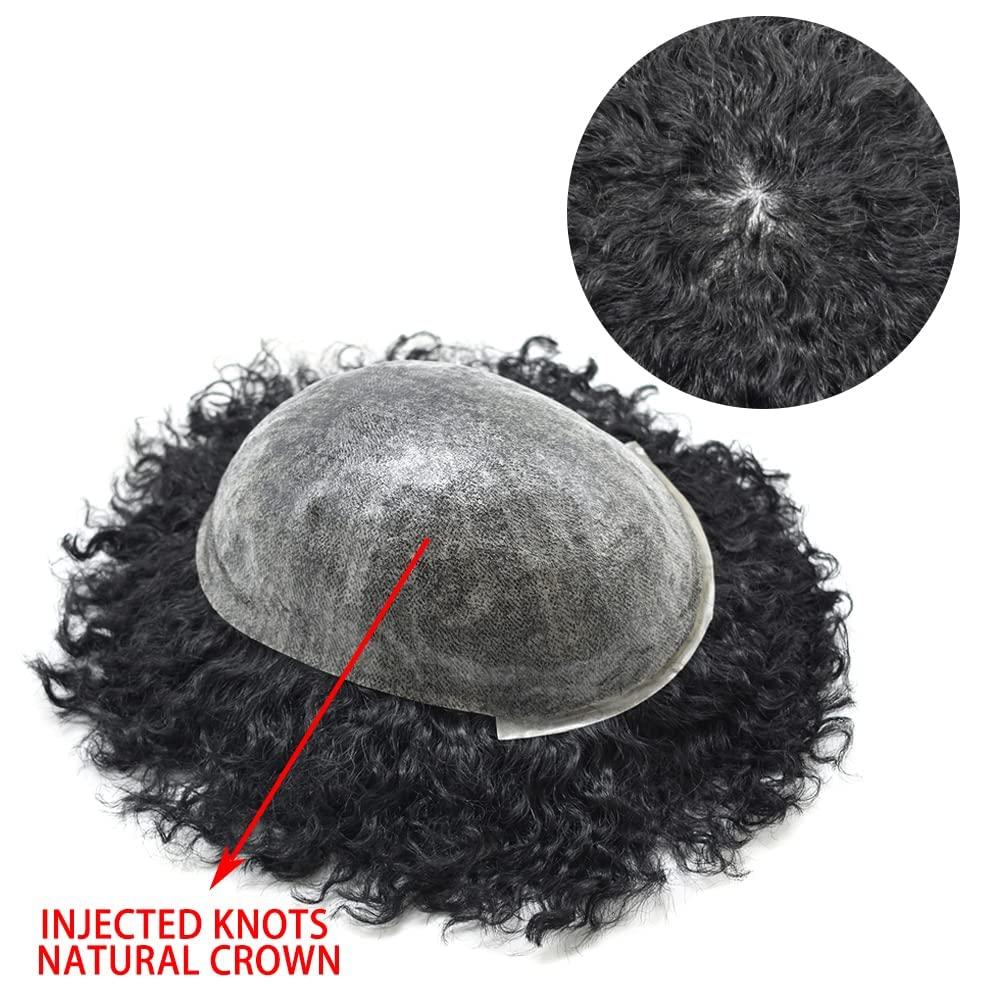 Generic Afro Mens Toupee Curly Hairpieces for Black Men 0.1mm Full PU Brazilian Human Hair Units African American Men Toupee Man Weave Hair Unit Mens Hair System Curly 8x10 1# JET BLACK-8MM Afro Wave