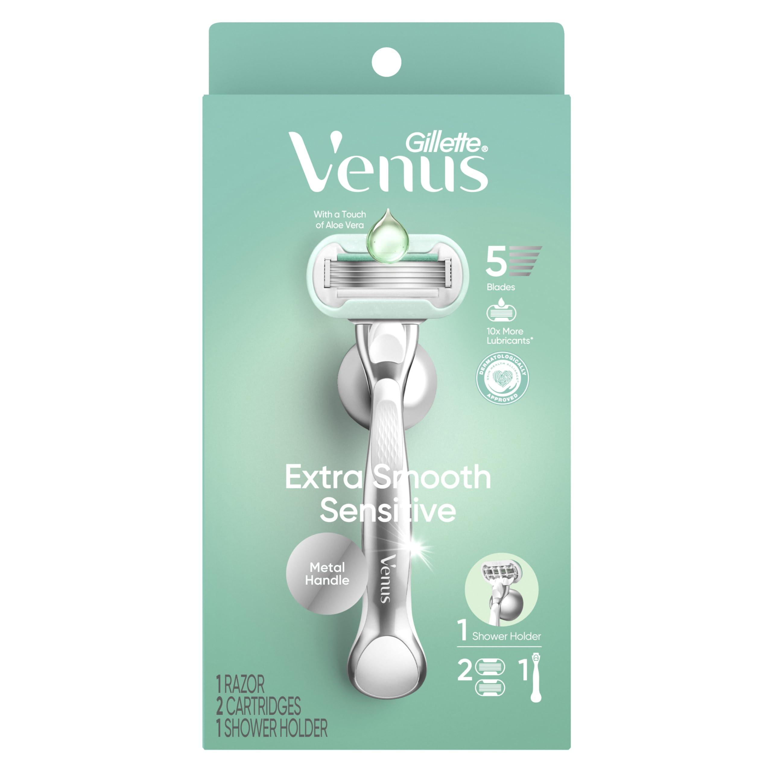 Venus Gillette Venus Extra Smooth Sensitive Razor for Women, Includes 1 Reusable Razor Handle + 2 Refills, for Sensitive Skin with Metal Handle and Shower Holder