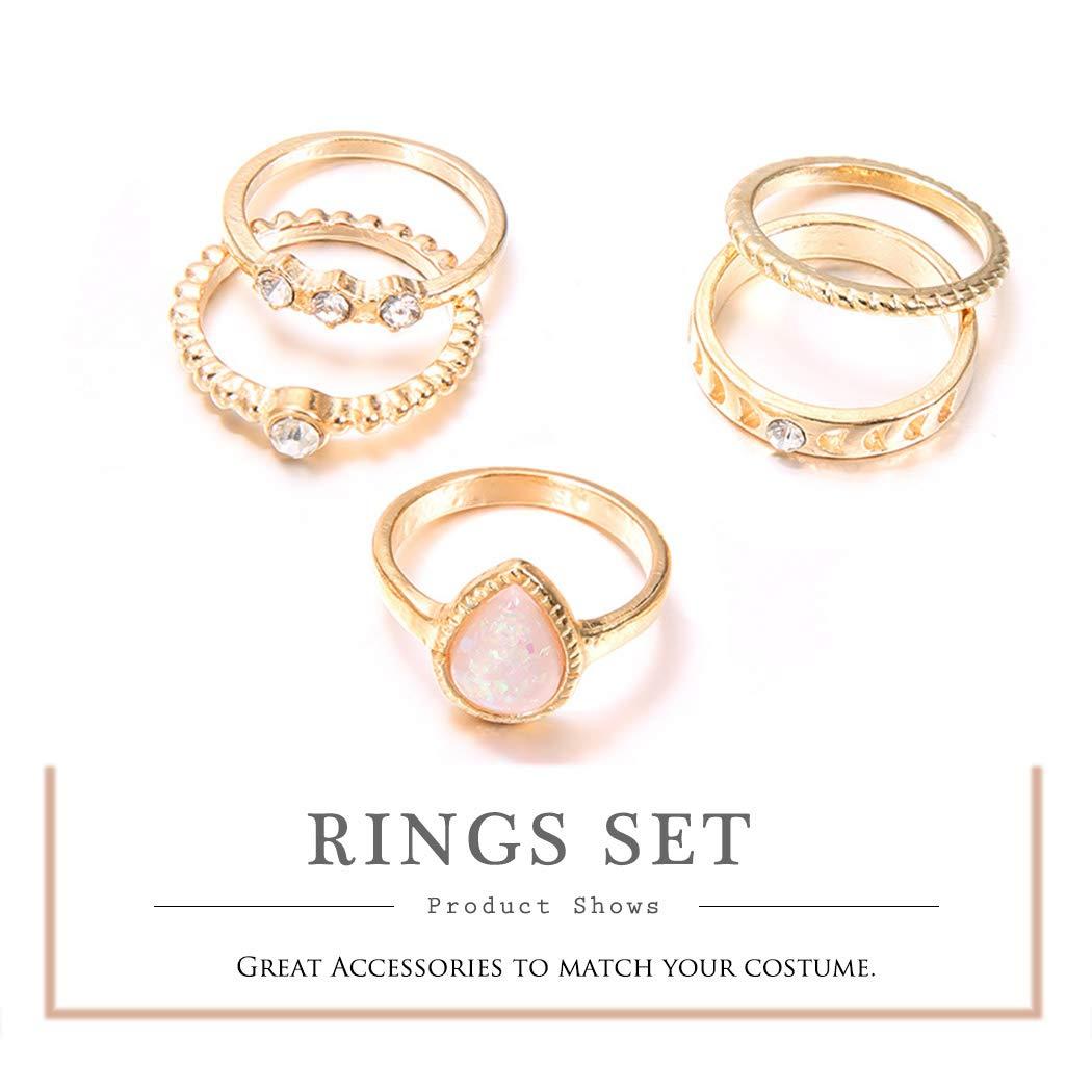 Edary Edary Boho Drop Water Gemstone Rings Set Crytsal Joint Knuckle Ring Gold Rings for Women.(5PCS)