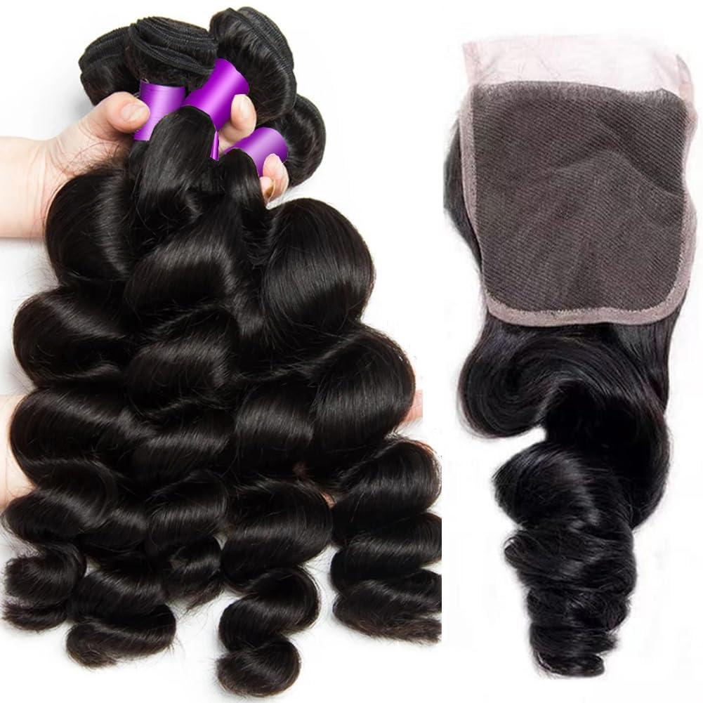 Luduna Luduna Human Hair Loose Wave Bundles with Closure Brazilian Loose Wave 3 Bundles with 4X4 Lace Closure 100% Unprocessed Virgin Human Bundles Hair Extensions for Black Women