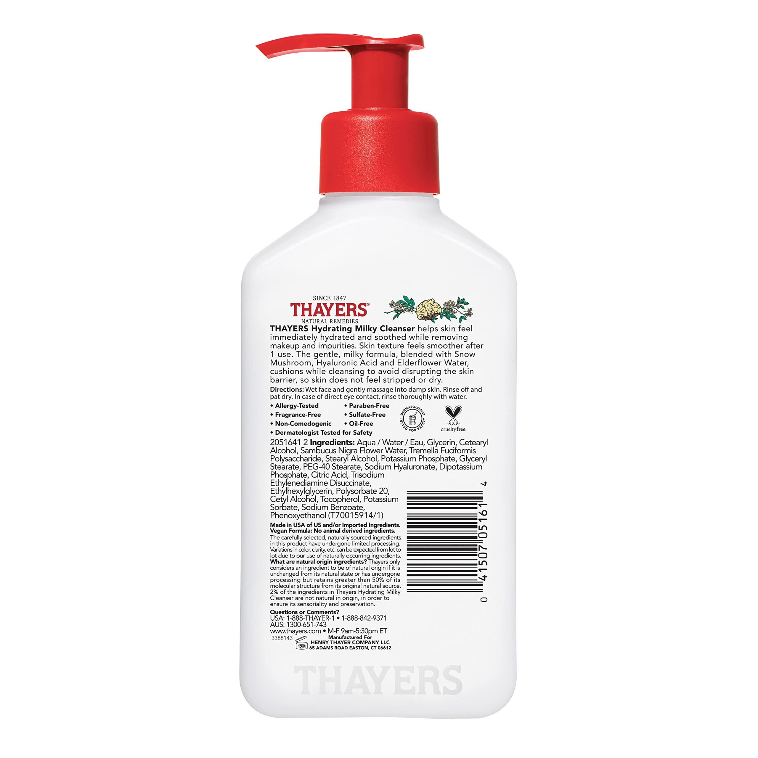 THAYERS Thayers Milky Face Cleanser with Snow Mushroom, Hyaluronic Acid - Gentle, Hydrating, Dermatologist Recommended for Dry, Sensitive Skin - Paraben Free, 8 oz