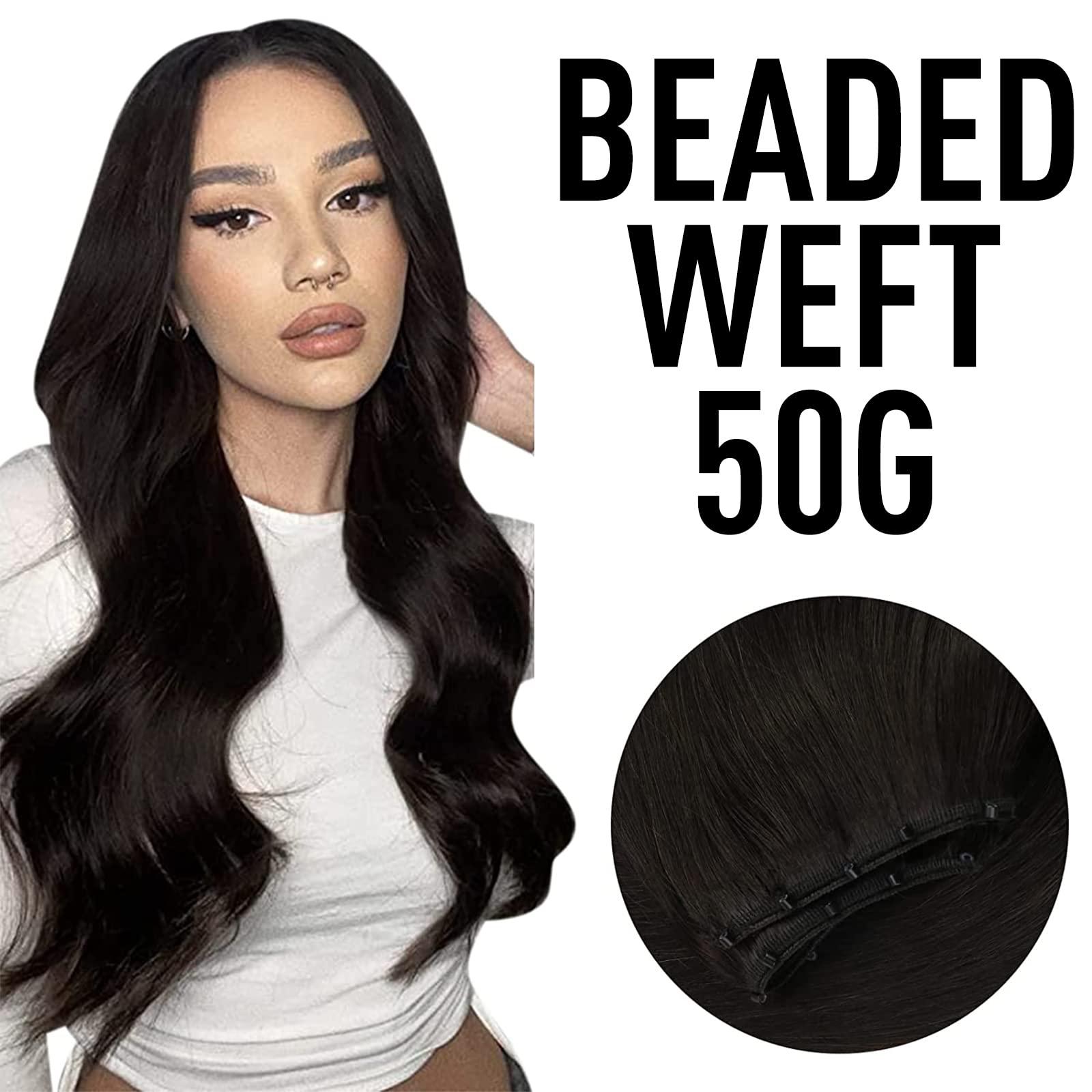 Sunny Hair Sunny Hair Beaded Weft Hair Extensions Human Hair 50G Micro Bead Hair Extensions Real Human Hair Vigorous Straight Weft Hair Extensions with Micro Beads Jet Black 16 inch