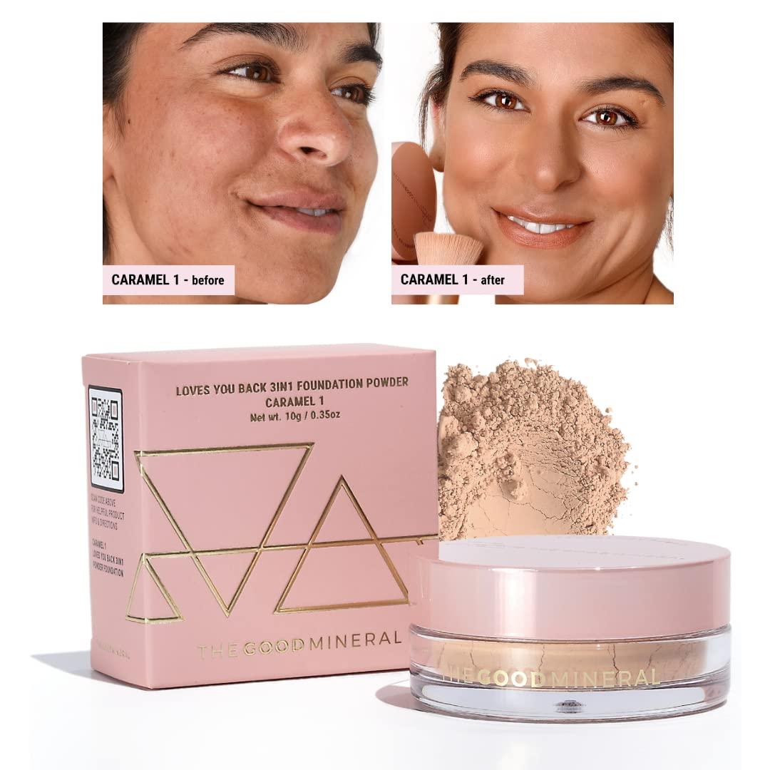 THE GOOD MINERAL The Good Mineral Loves-You-Back 3in1 Mineral Powder Foundation (CARAMEL 1) | Designed for acne-prone, sensitive skin reducing the appearance of acne and scars without layers | Vegan + Cruelty Free