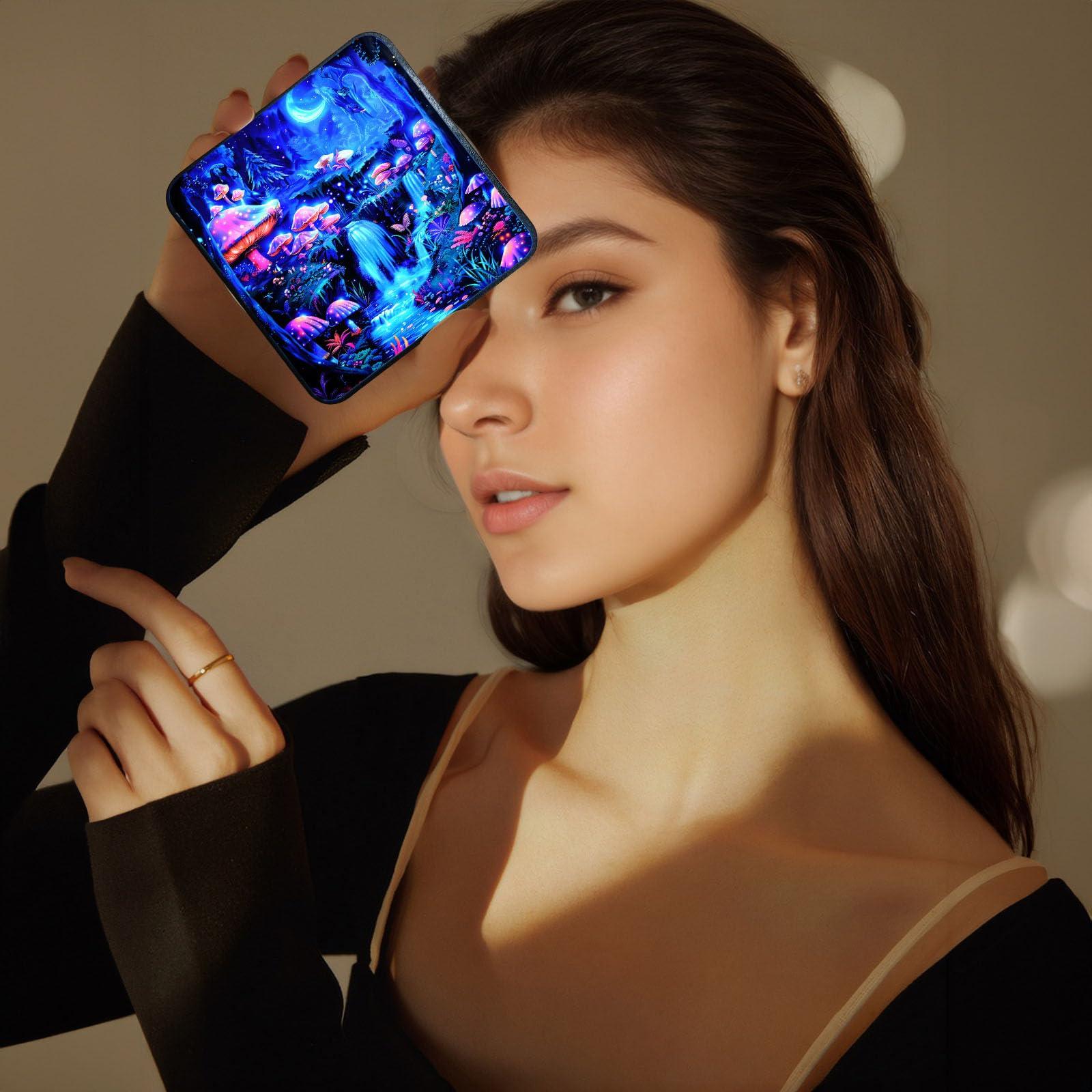 FXIANGWL FXIANGWL Folding Mirror Double Sided Mini Makeup Mirror, Small Makeup Mirror, Portable Mirror for Makeup, 2.8 x 2.29 inch with Black Card Holder(Neon Mushroom)