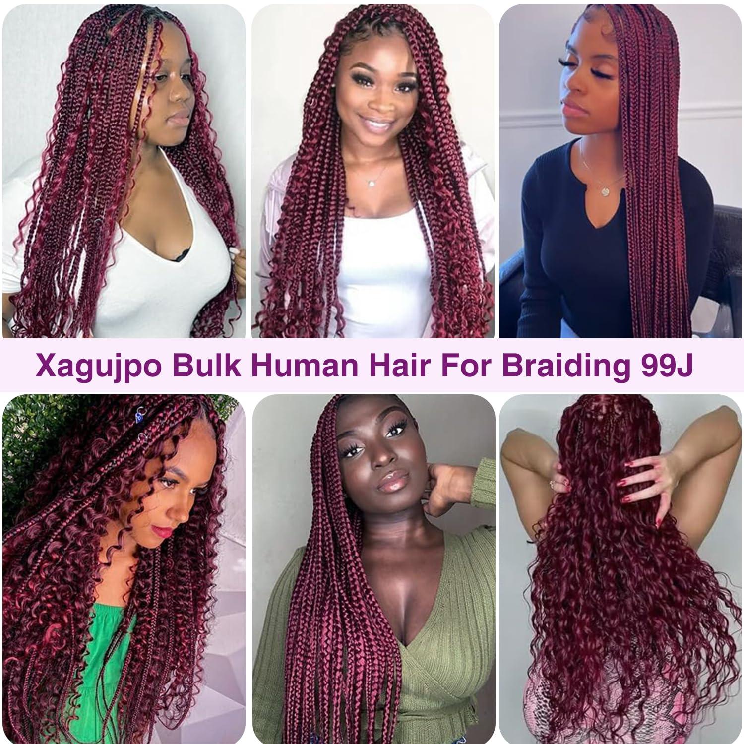 Xagujpo Human Hair Bulk For Braiding 100g/Pack 16 Inch Burgundy Deep Wave Bulk Human Hair For Braiding No Weft 99J Deep Curly Braiding Hair Extensions 100% Human Hair Bulk For Micro Braids Hair