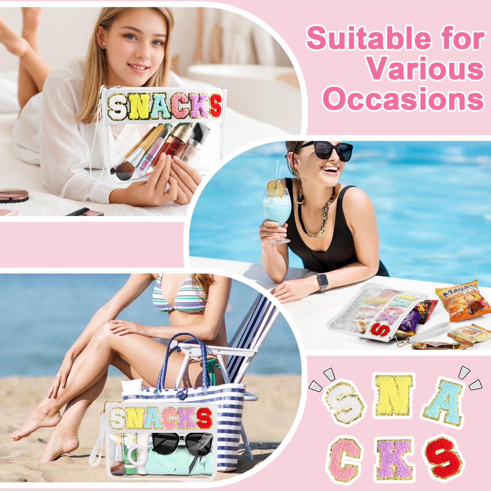 TESAFNG TESAFNG 2 PCS Snack Bags Clear Pouch Travel Makeup Bag Chenille Letter Bags for Zipper Pouch Clear Cosmetic Bag Clear Tote Bag Makeup Travel Bag for Women Girls (White+White)