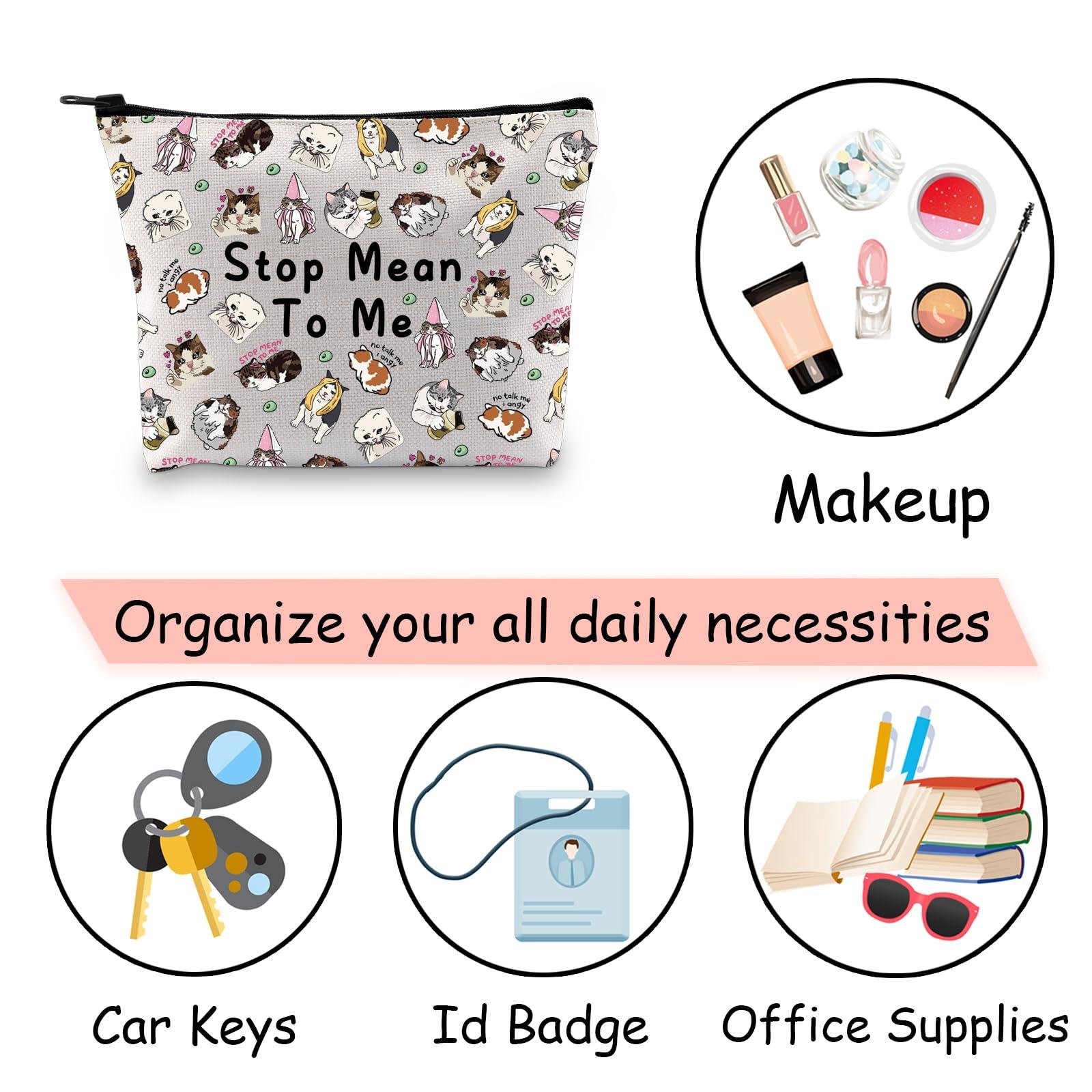 JXGZSO JXGZSO Cartoon Cat Makeup Bag Pet Cat Inspired Gift Stop Mean To Me Sad Cat Meme Cosmetic Bag Cat Theme Gift Animal Pouch