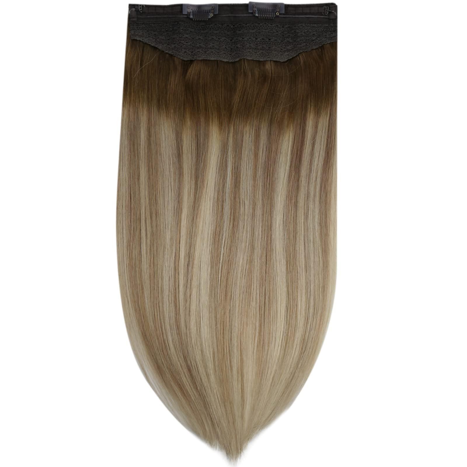 Fshine Fshine Invisible Wire Hair Extensions Real Human Hair 14 Inch Wire Human Hair Extensions Balayage Walnut Brown to Ash Brown and Butter Blonde One Piece Hair Extensions Clip in Human Hair Remy Hair 70g