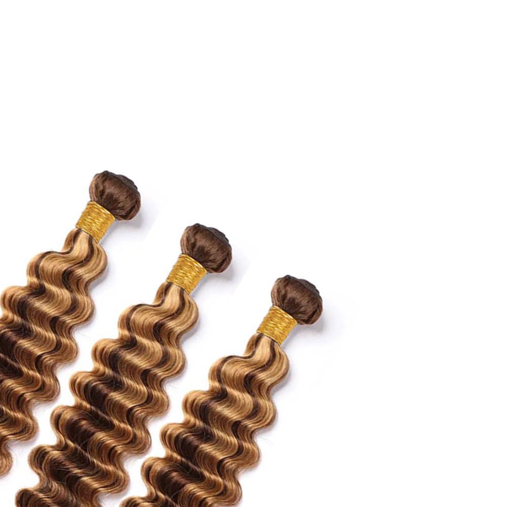 QEUOPE Highlight Deep Wave Bundles Human Hair Honey Blonde Deep Curly Weave Bundles P4/27 Human Hair Bundles Double Weft Brazilian Remy Hair Wet and Wavy Silky Soft Weave Extensions (24 26 28 Inch 3 Bundles)