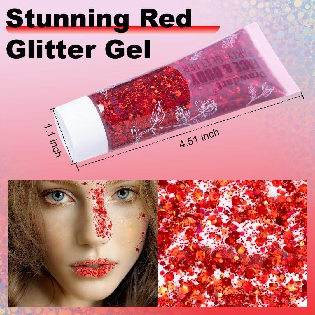 Drawdart Drawdart Face & Body Glitter - Cosmetic - Grade Red Holographic Glitter Gel,Face Body Hair Chunky Festival Rave Accessories Makeup 50ml,Glitter Sequin for Women Kids
