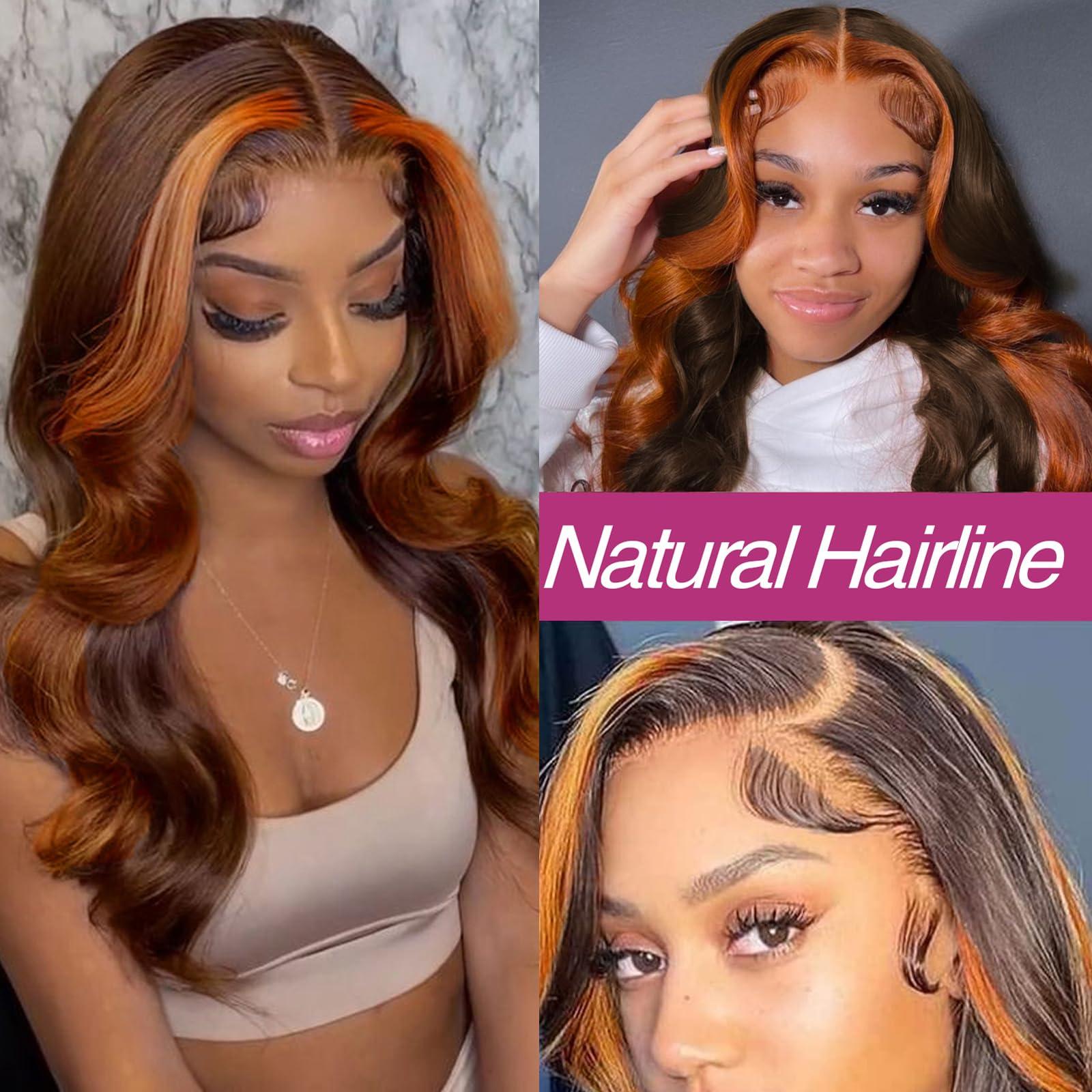haha haha Chocolate Brown and Ginger Skunk Stripe Lace Front Wig Human Hair Ginger Orange Ombre Highlight Lace Front Wigs Pre Plucked Bleached Knots 13x4 Body Wave Frontal Wig 28 Inch 150% Density