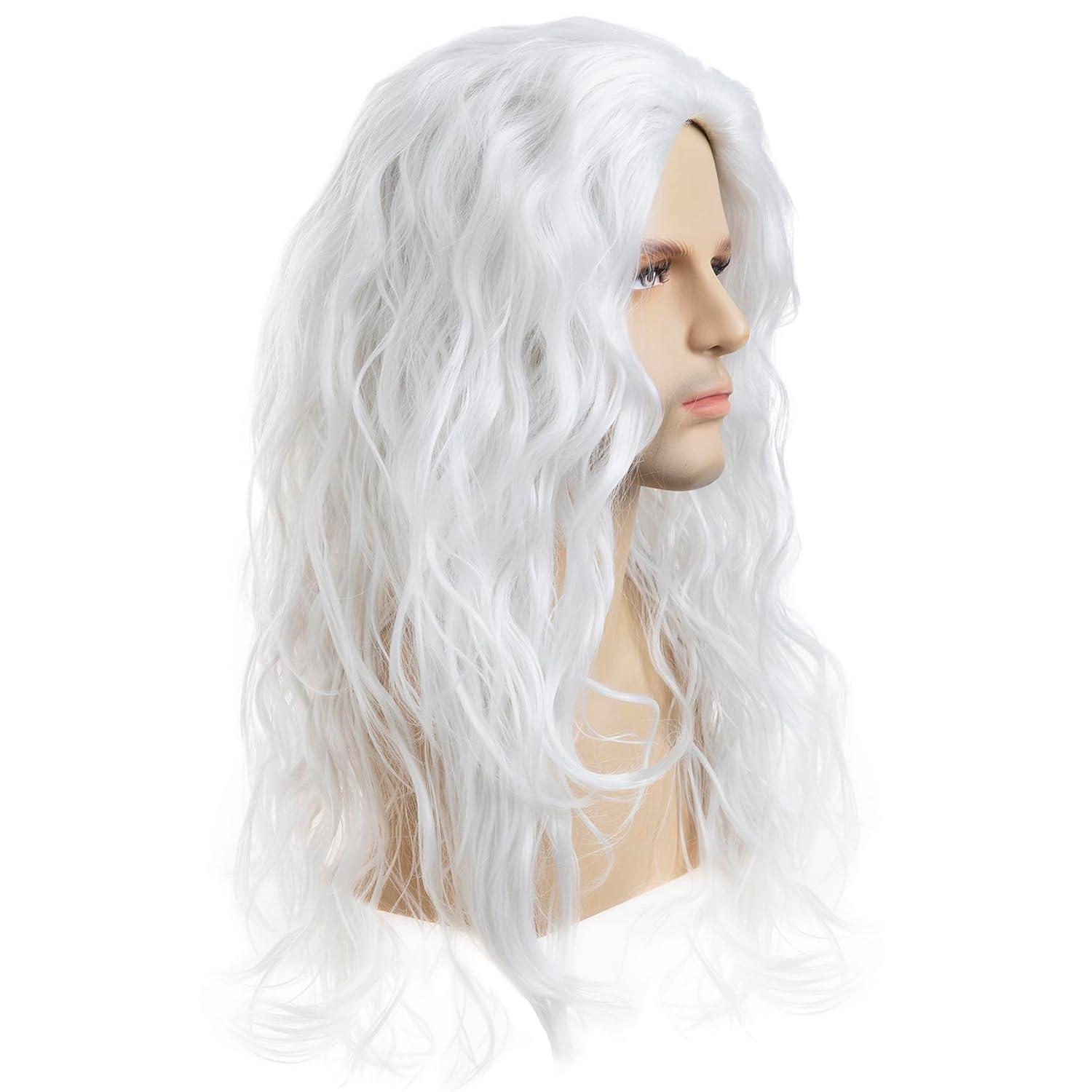 Sallcks Sallcks Mens White Wig Long Curly Wavy Wig for Men Middle Part Synthetic Heat Resistant Hair Wigs for Daily Party Costume Halloween