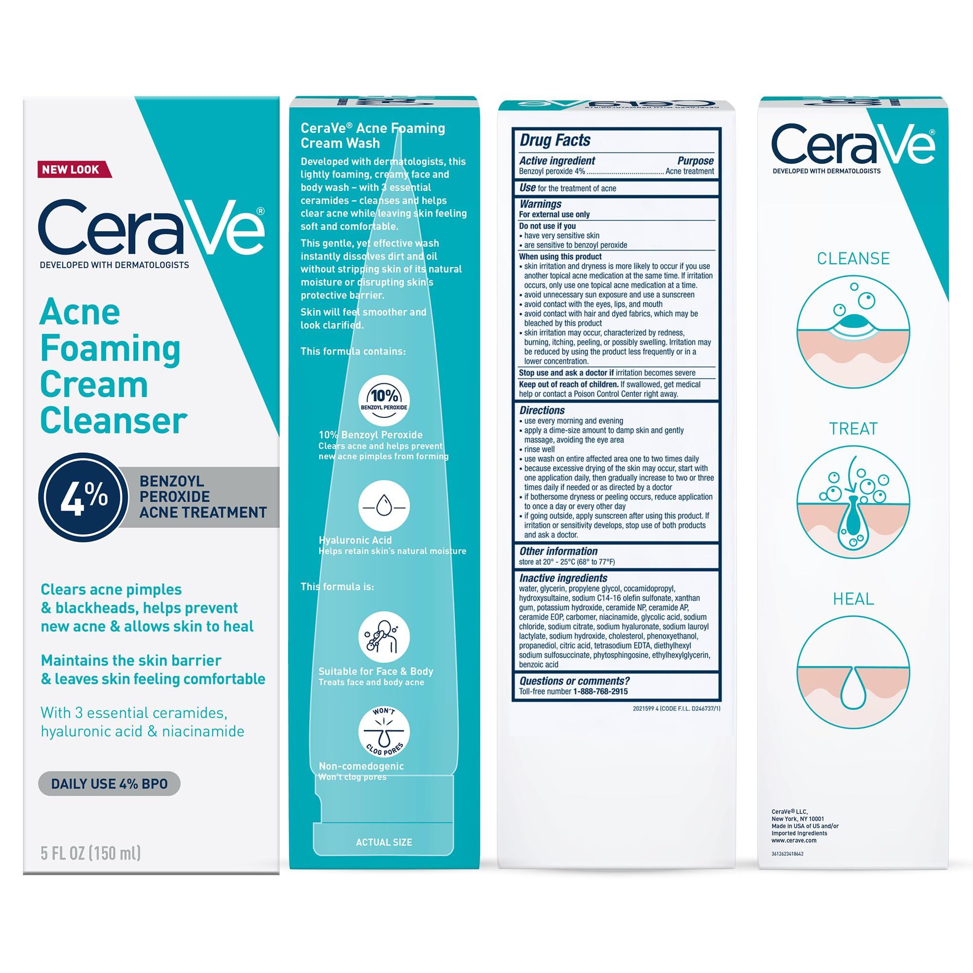 CeraVe CeraVe Acne Foaming Cream Cleanser, 4% Benzoyl Peroxide Face Wash With Hyaluronic Acid, Niacinamide & Ceramides, Gentle Daily Acne Treatment For Face