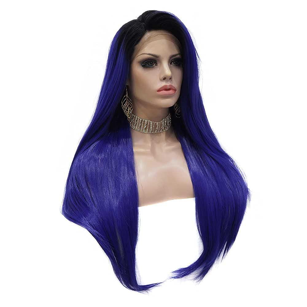 PAYNAN Blue Lace Wig Synthetic Lace Front Wigs Straight Hair Black Root Heat Resistant Fiber Wig