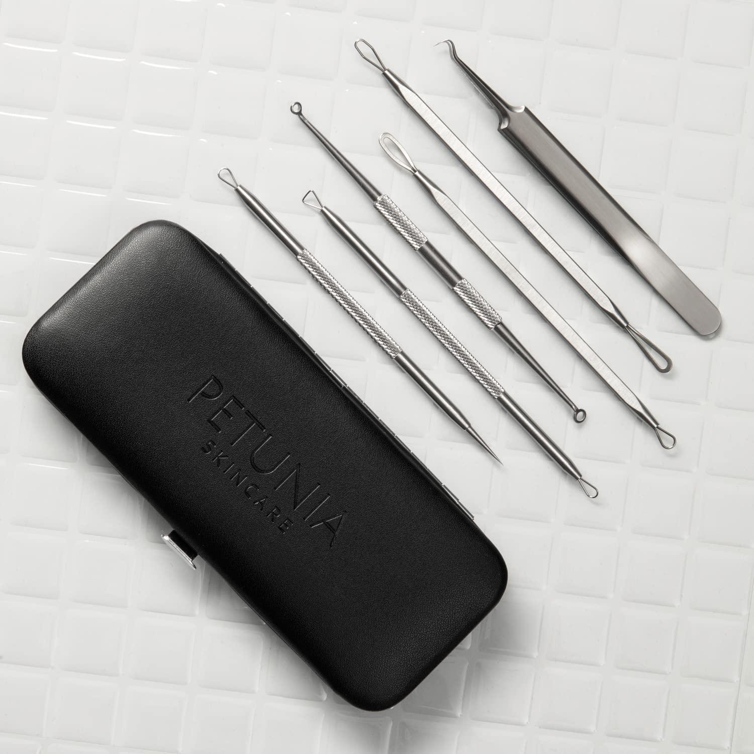 PETUNIA SKINCARE 6 Piece Set Pimple Popper Blackhead Remover and Acne Extractor Kit Specifically Treats Face Blemishes Zits and Whiteheads - Perfect Stocking Stuffer, Includes Giftbox and Travel Case