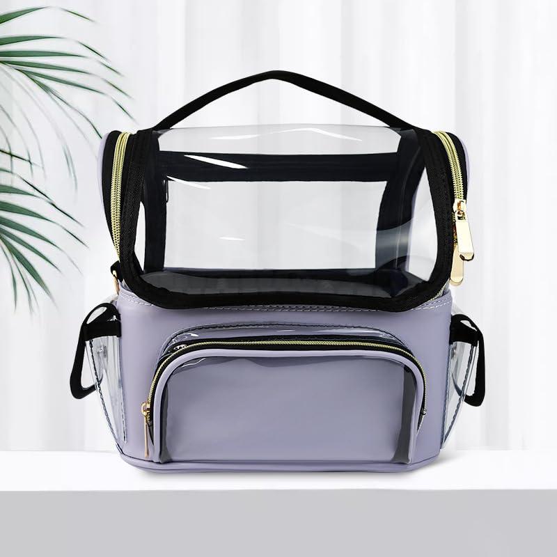 OEIPSMK OEIPSMK Makeup Brush Case, Clear Makeup Organizer Bag with Pockets Transparent Professional Makeup Bag Makeup Travel Makeup Artist Bag with Shoulder Strap and Adjustable Dividers, Black, Light Purple